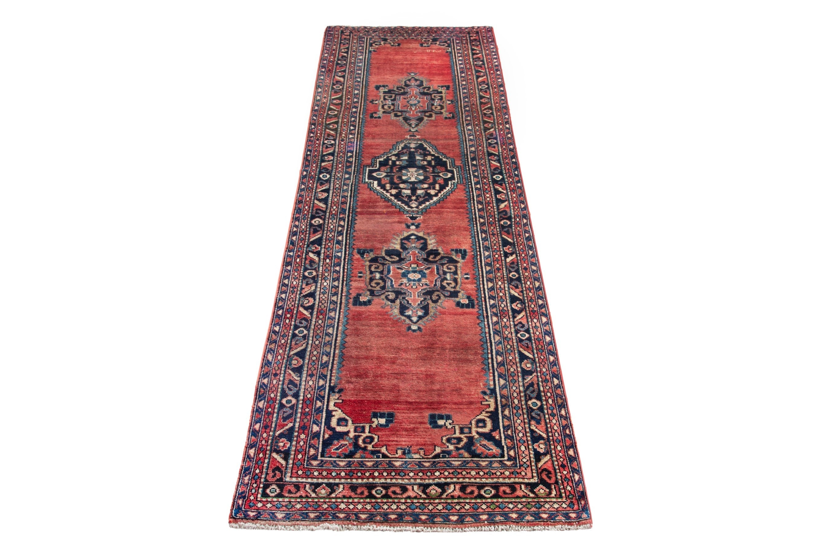 Persian Hamedan runner rug in rust and navy, view 3 of 18