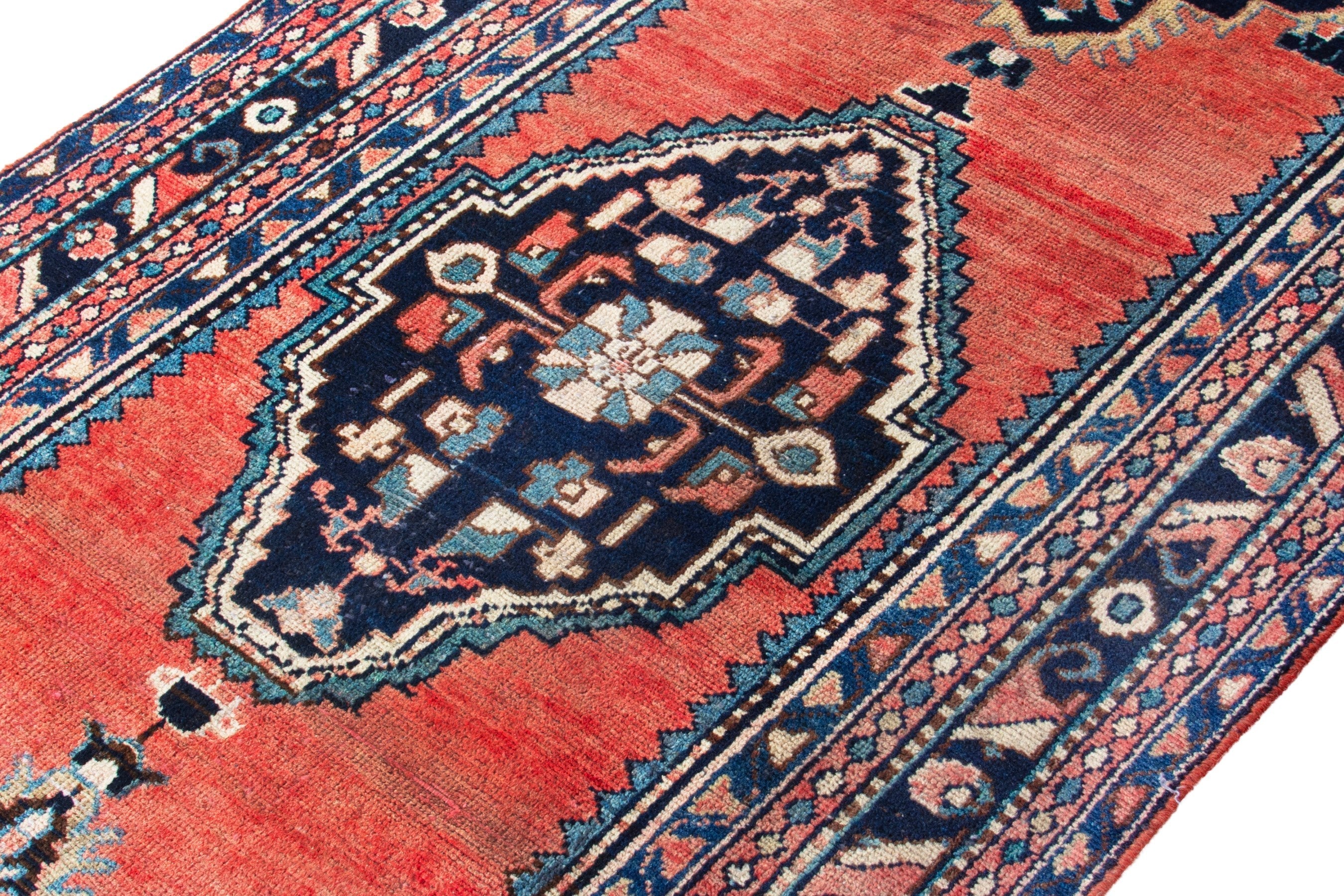 Persian Hamedan runner rug in rust and navy, view 6 of 18