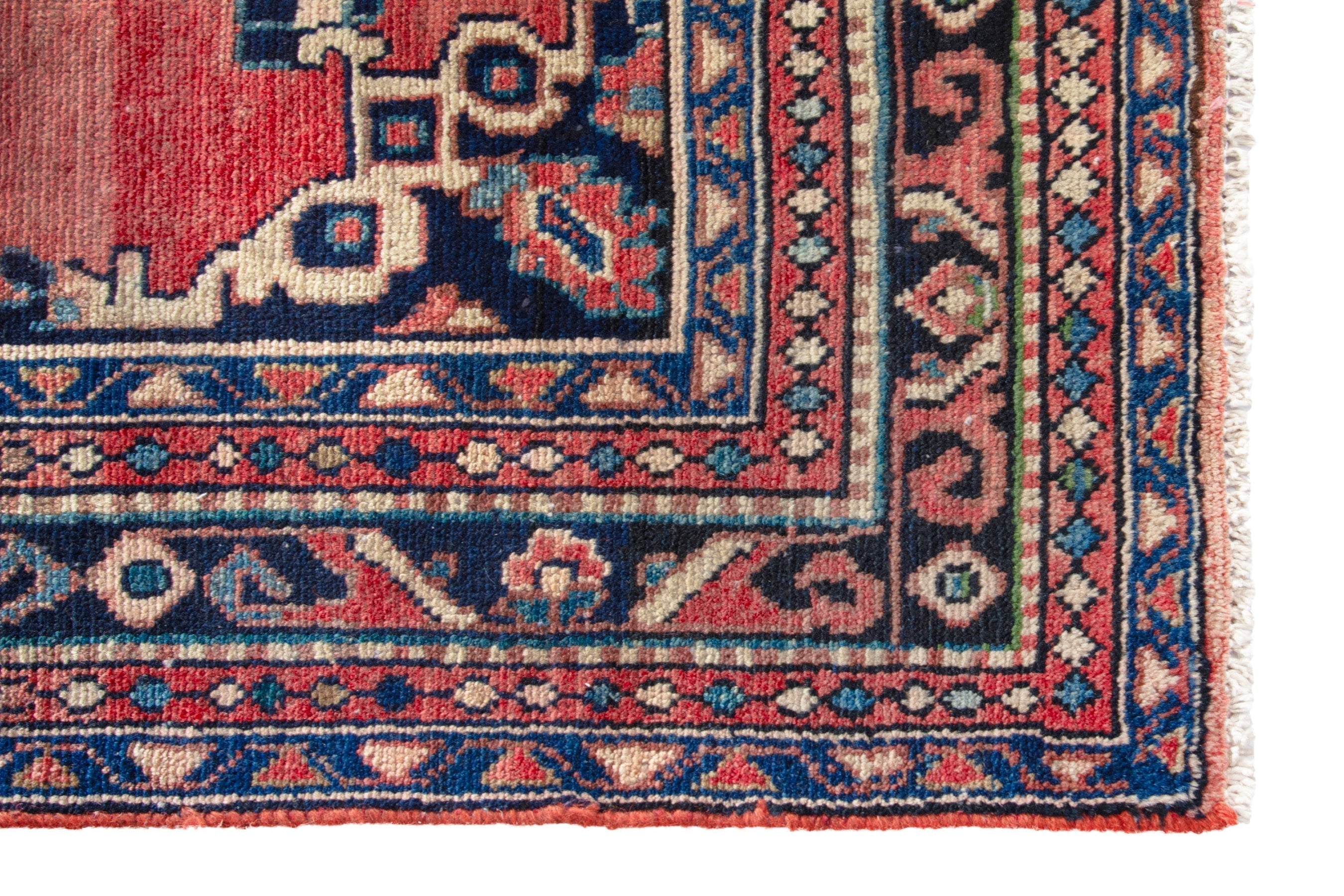 Persian Hamedan runner rug in rust and navy, view 5 of 18