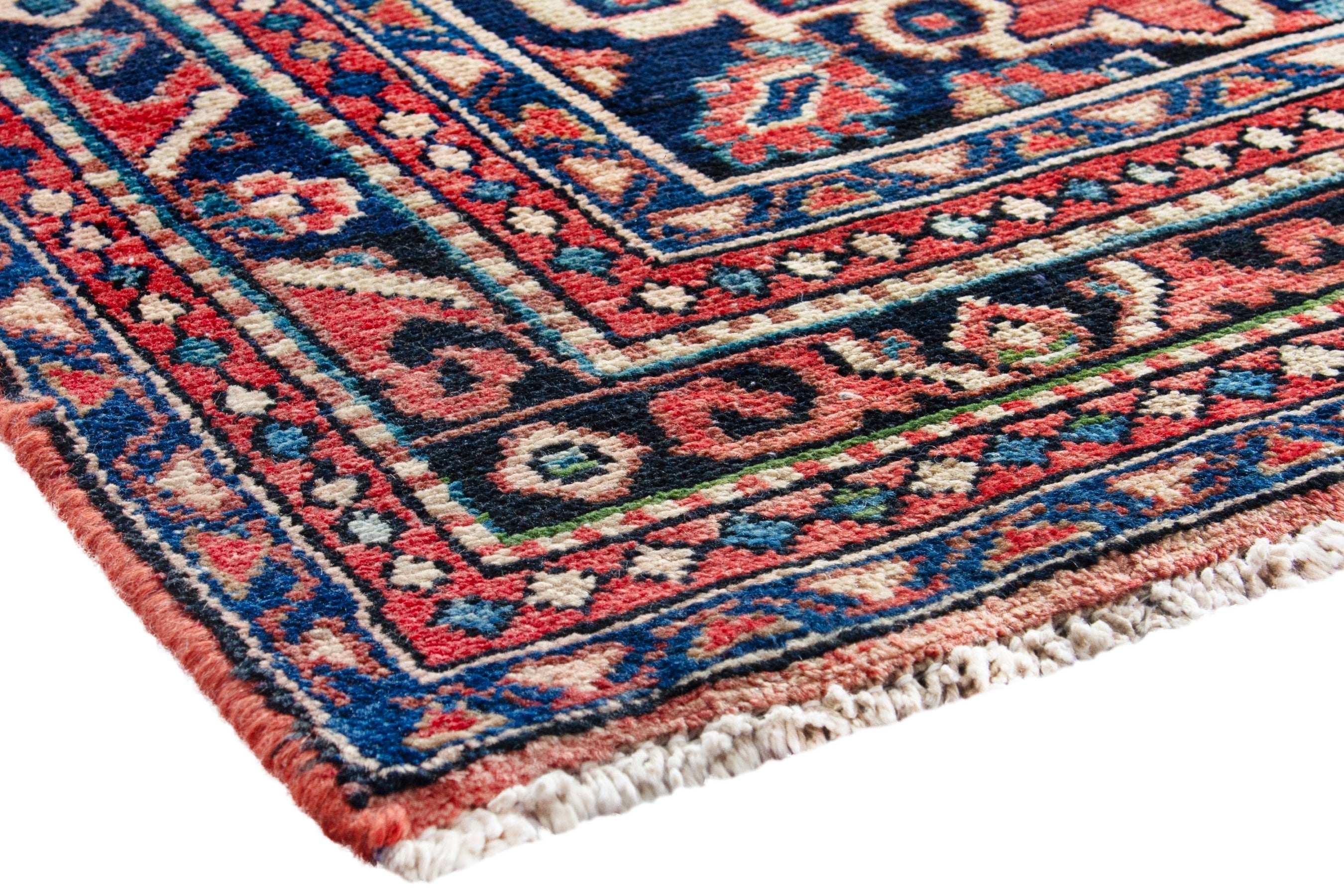 Persian Hamedan runner rug in rust and navy, view 4 of 18