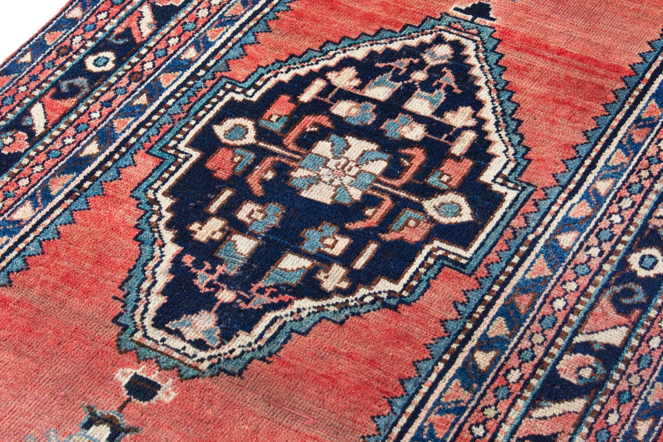 Persian Hamedan runner rug in rust and navy, view 9 of 18