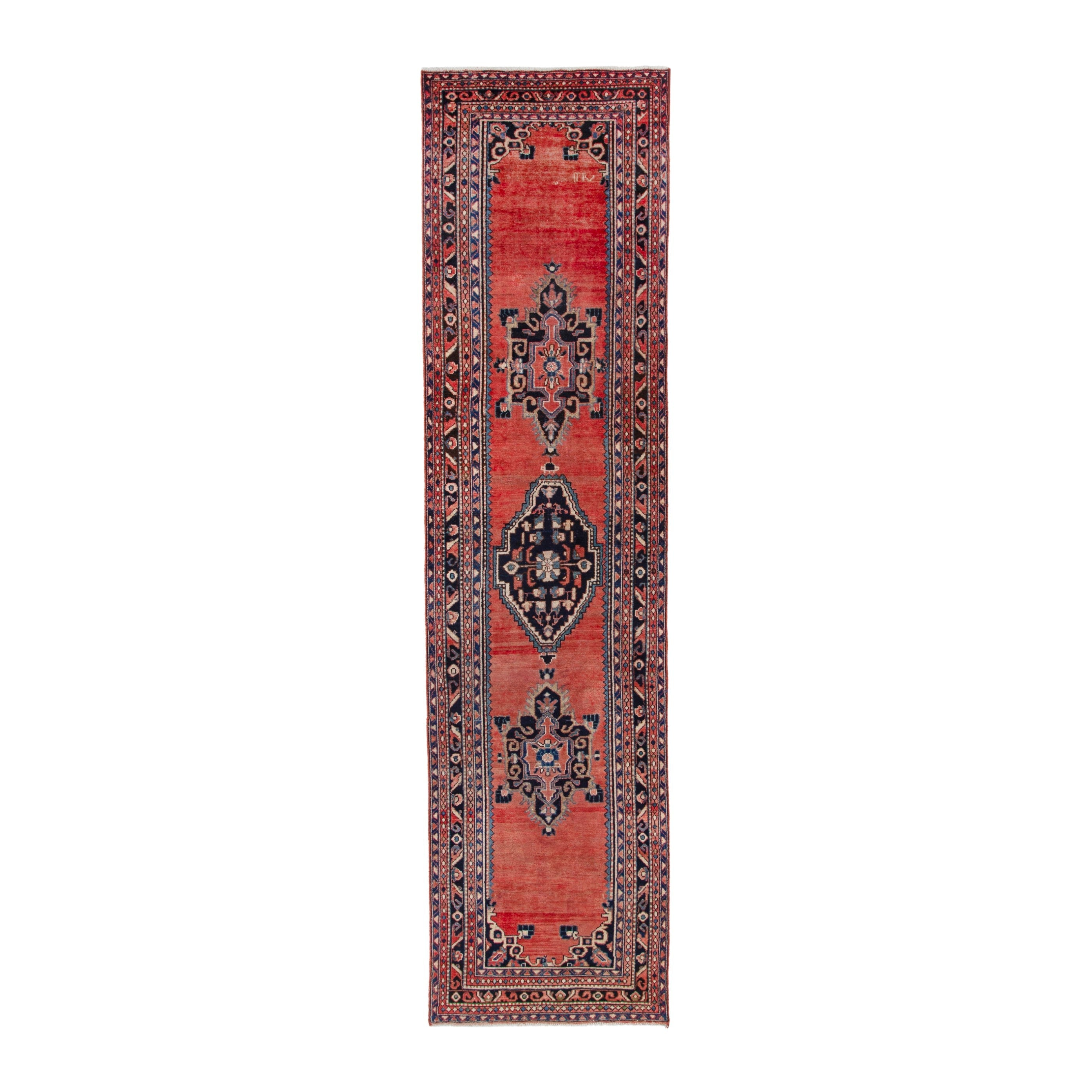 Persian Hamedan runner rug in rust and navy, 3'1" x 12'8"