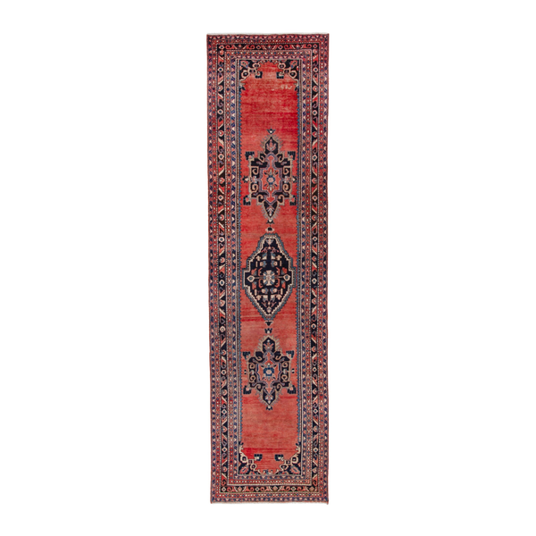 Persian Hamadan runner rug in rust and navy, 3'1" x 12'8"