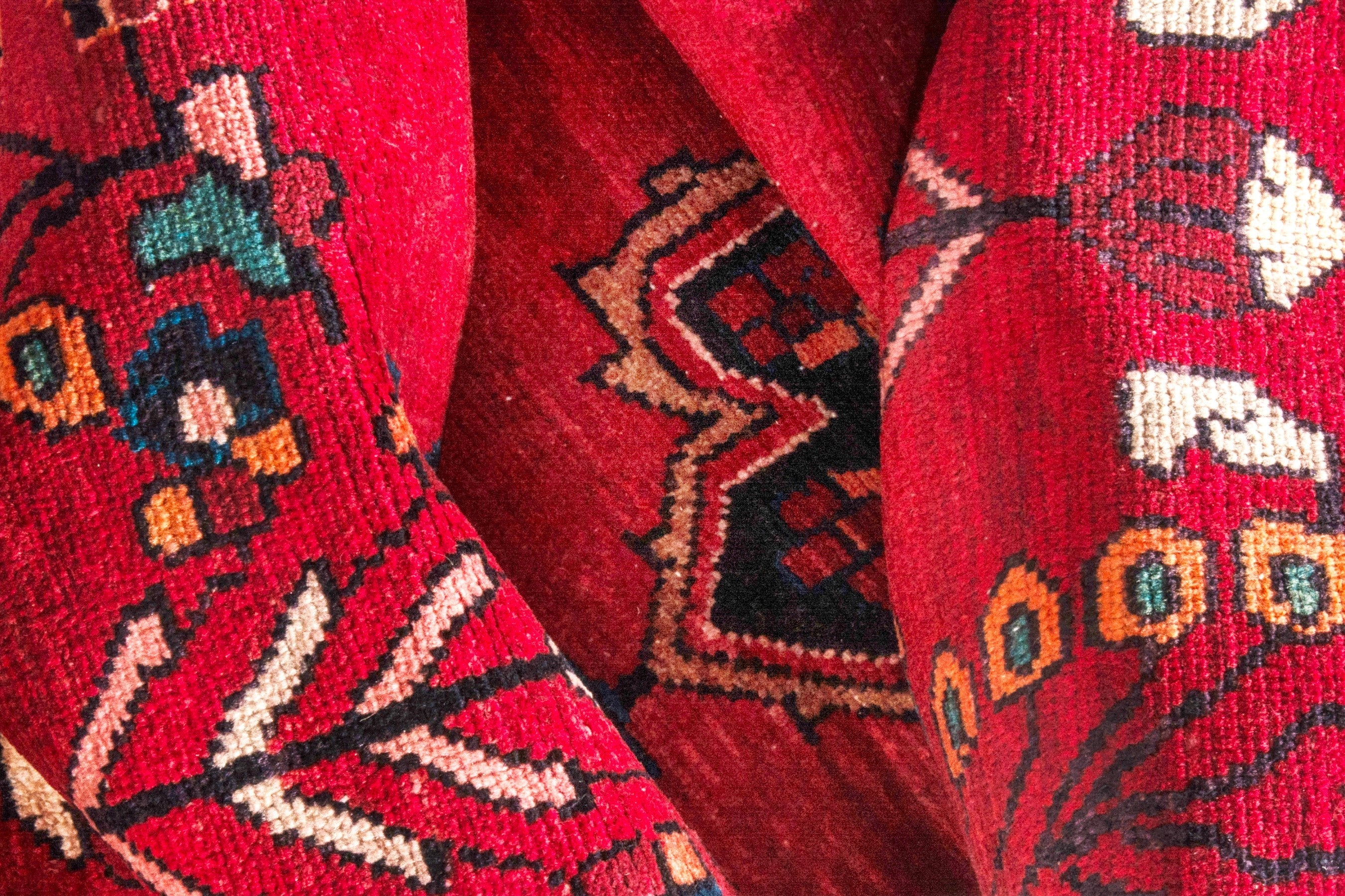 Persian Hamedan runner rug in deep red and navy, view 18 of 20