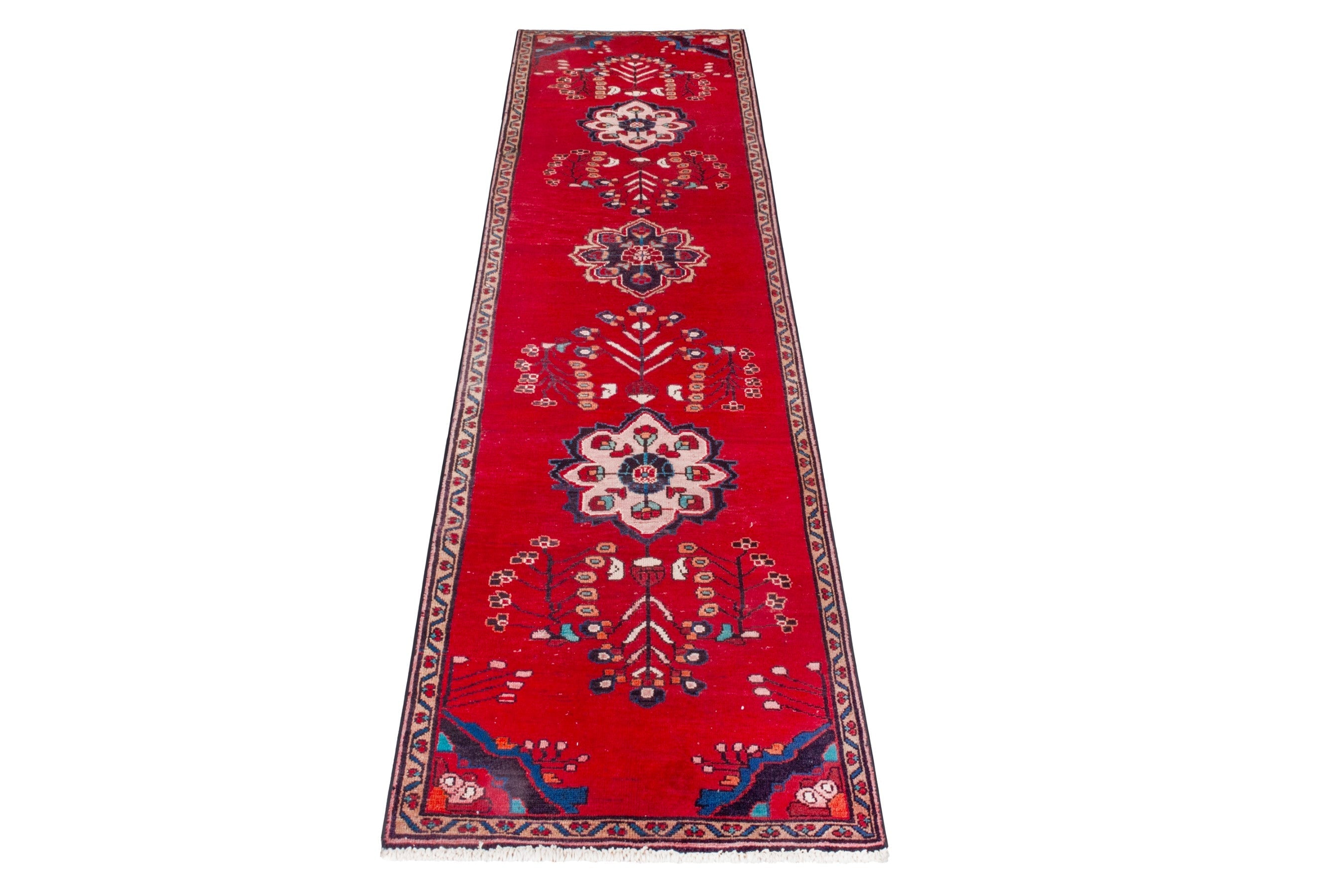 Persian Hamedan runner rug in deep red and navy, view 2 of 20