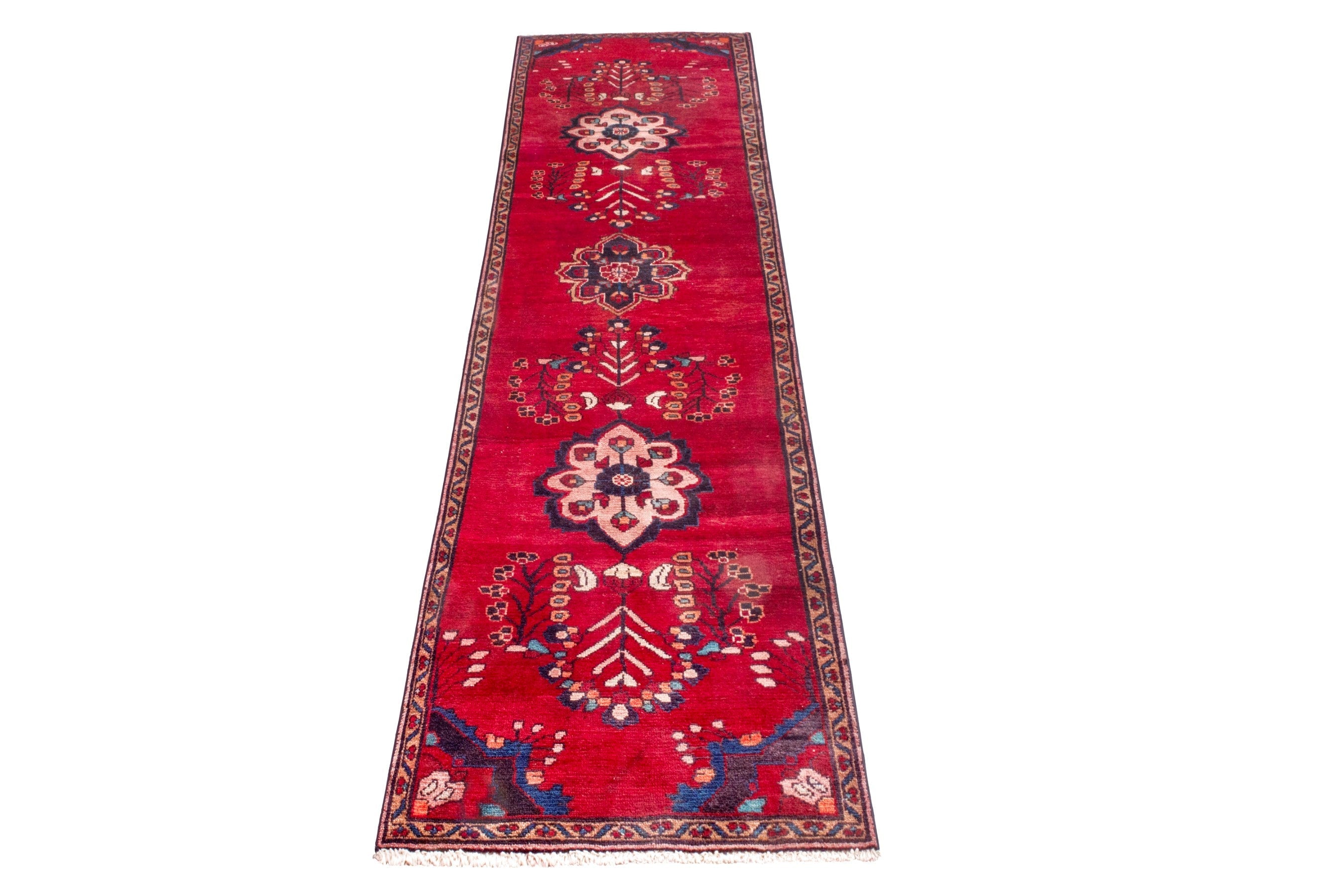 Persian Hamedan runner rug in deep red and navy, view 3 of 20