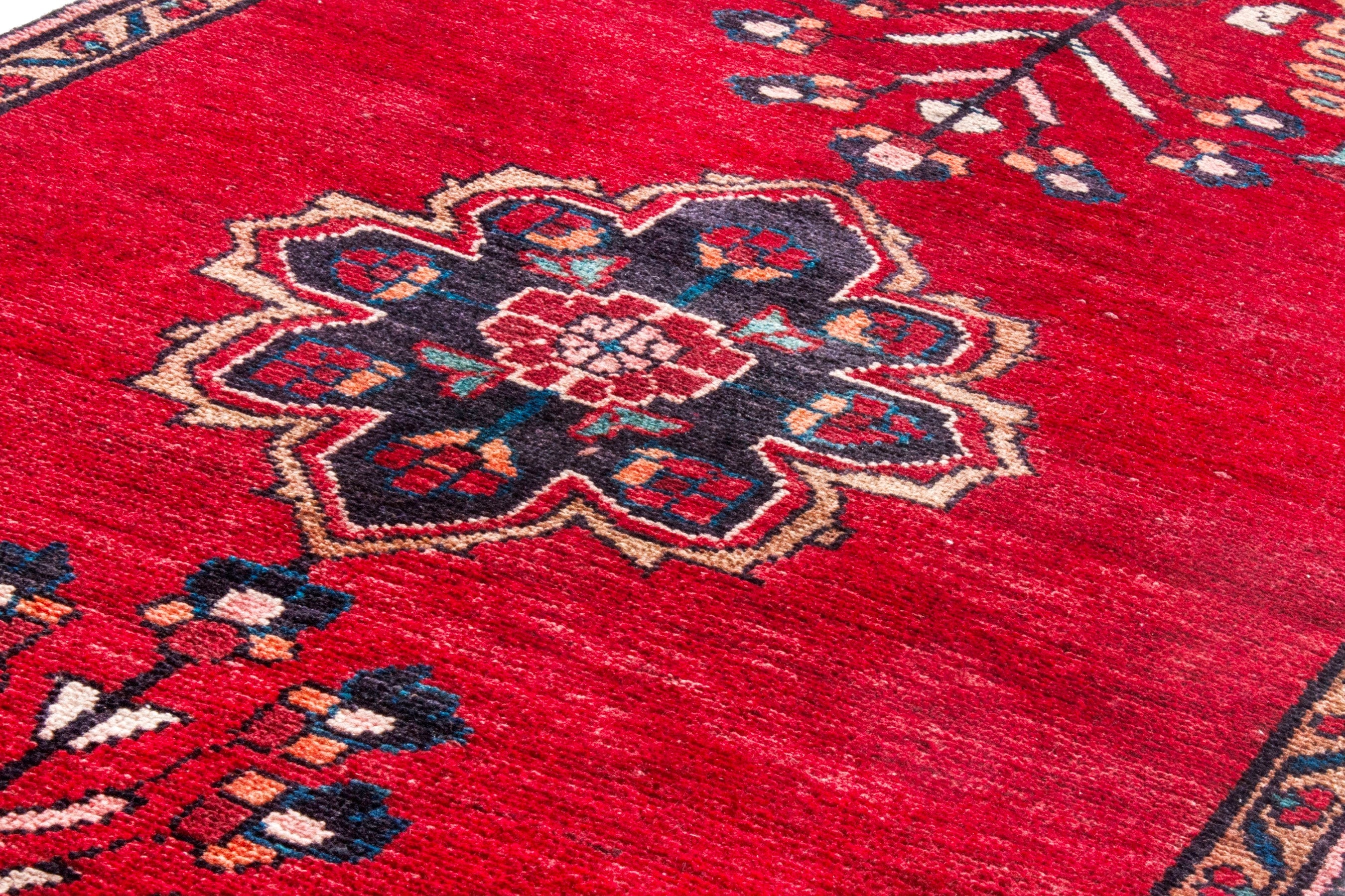 Persian Hamedan runner rug in deep red and navy, view 9 of 20
