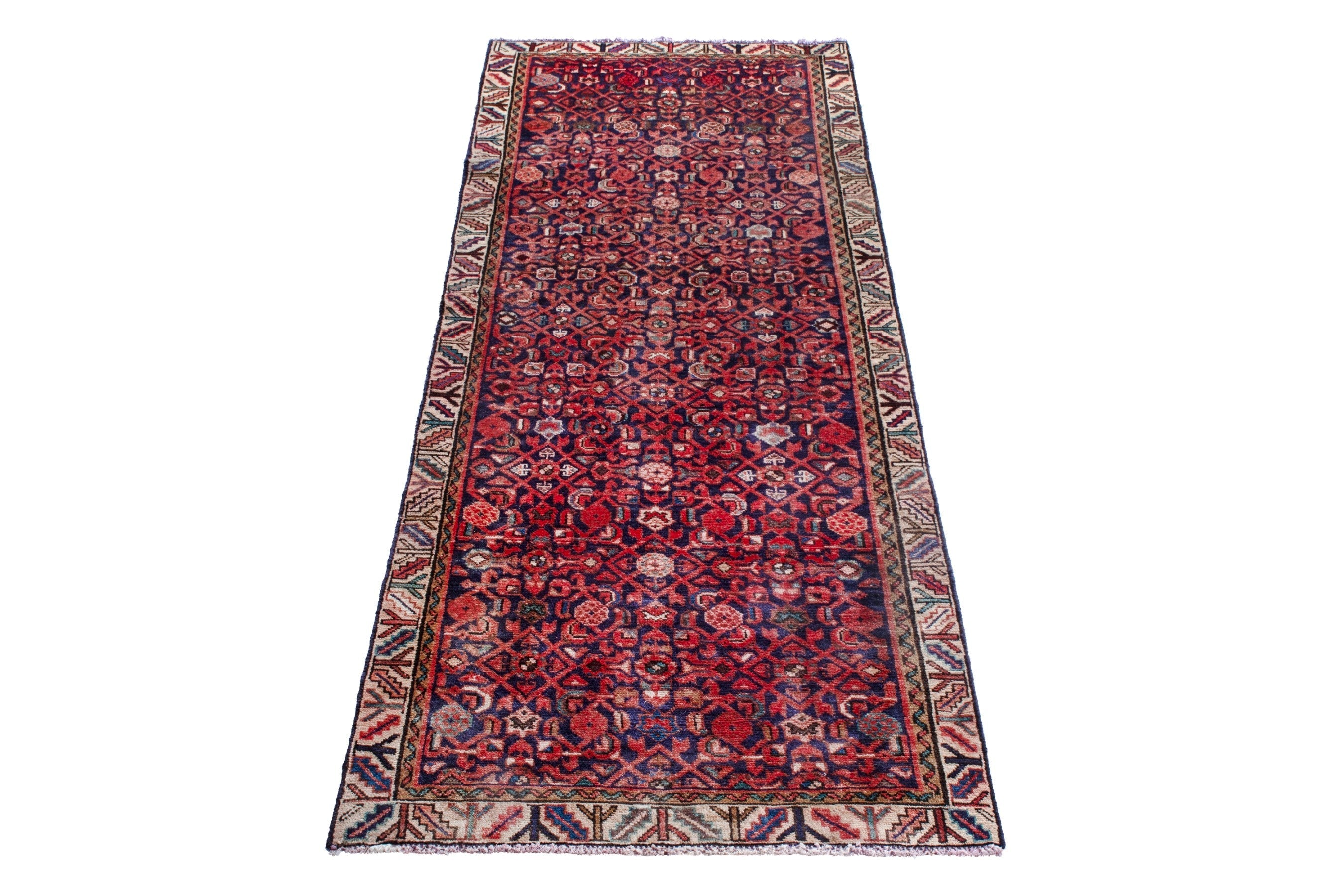 Persian Hamedan runner rug in burgundy and cream, view 3 of 22