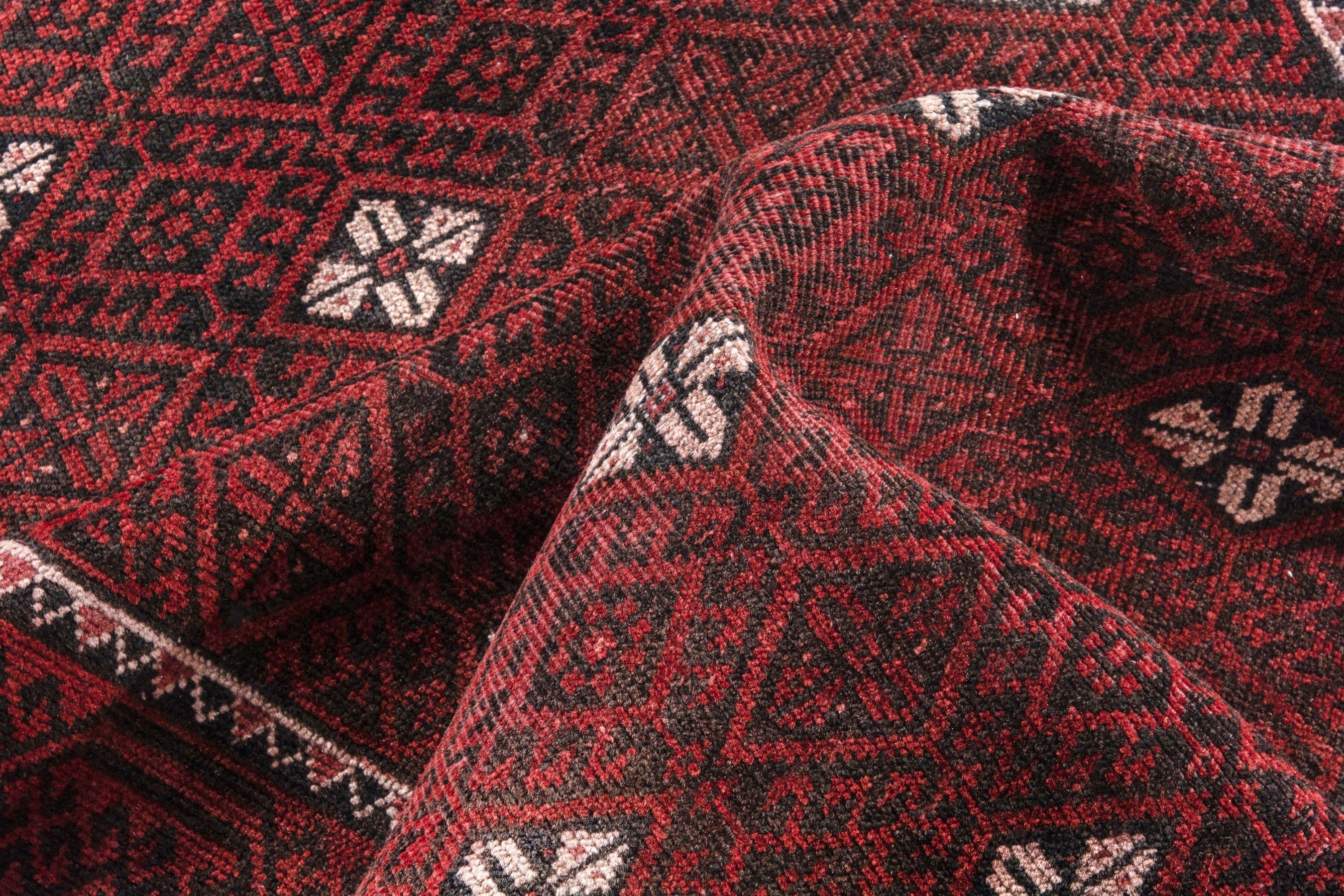 Persian Baluch accent rug in deep red and cream, view 15 of 18