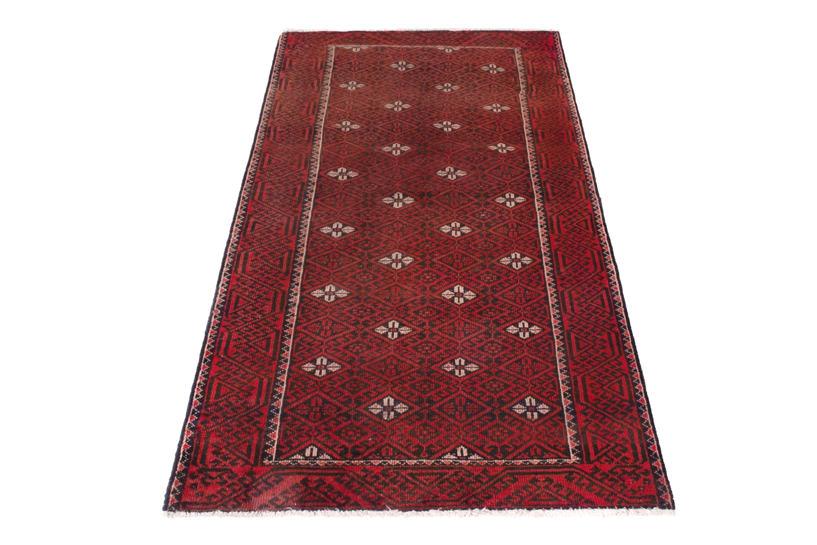 Persian Baluch accent rug in deep red and cream, view 2 of 18