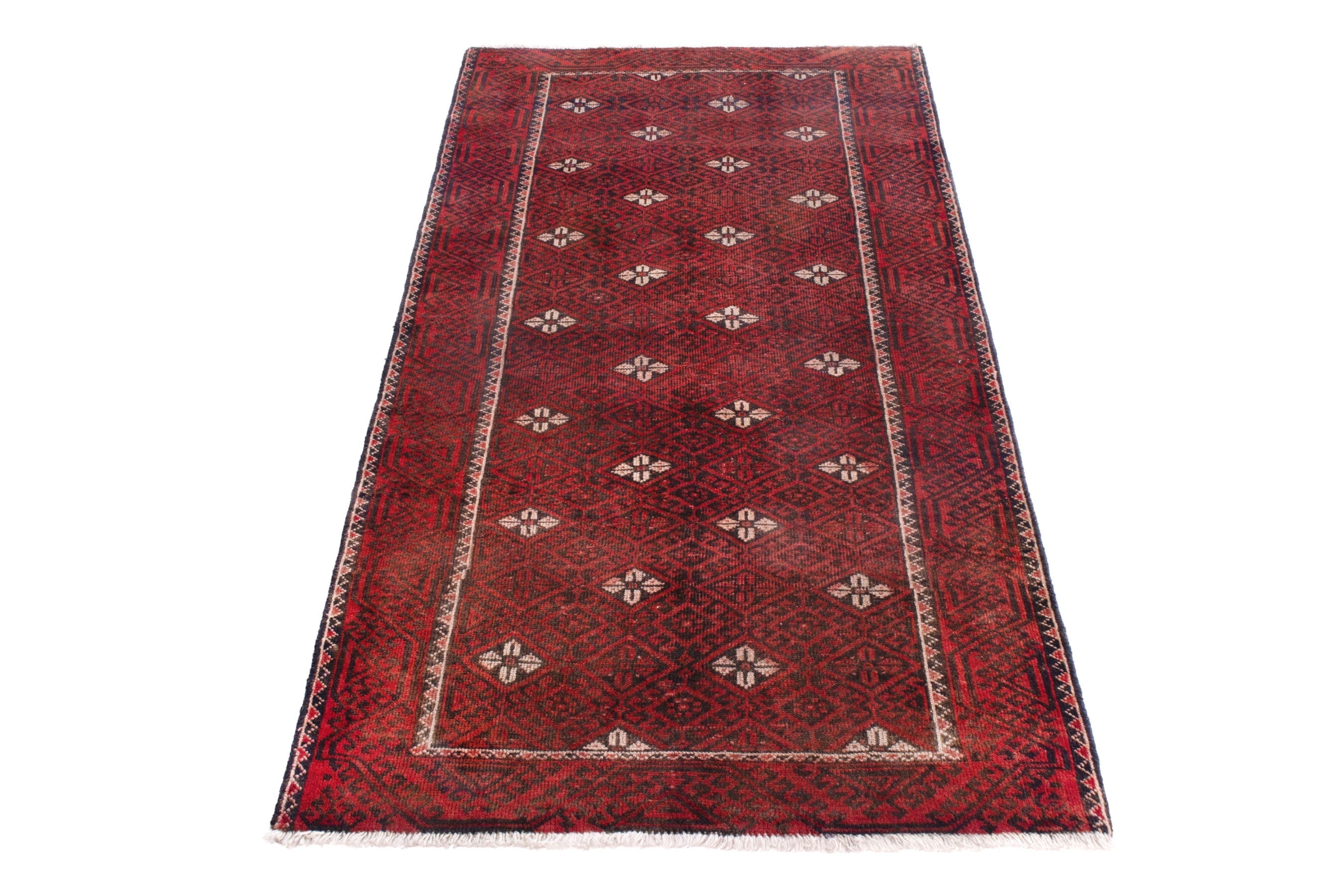 Persian Baluch accent rug in deep red and cream, view 3 of 18