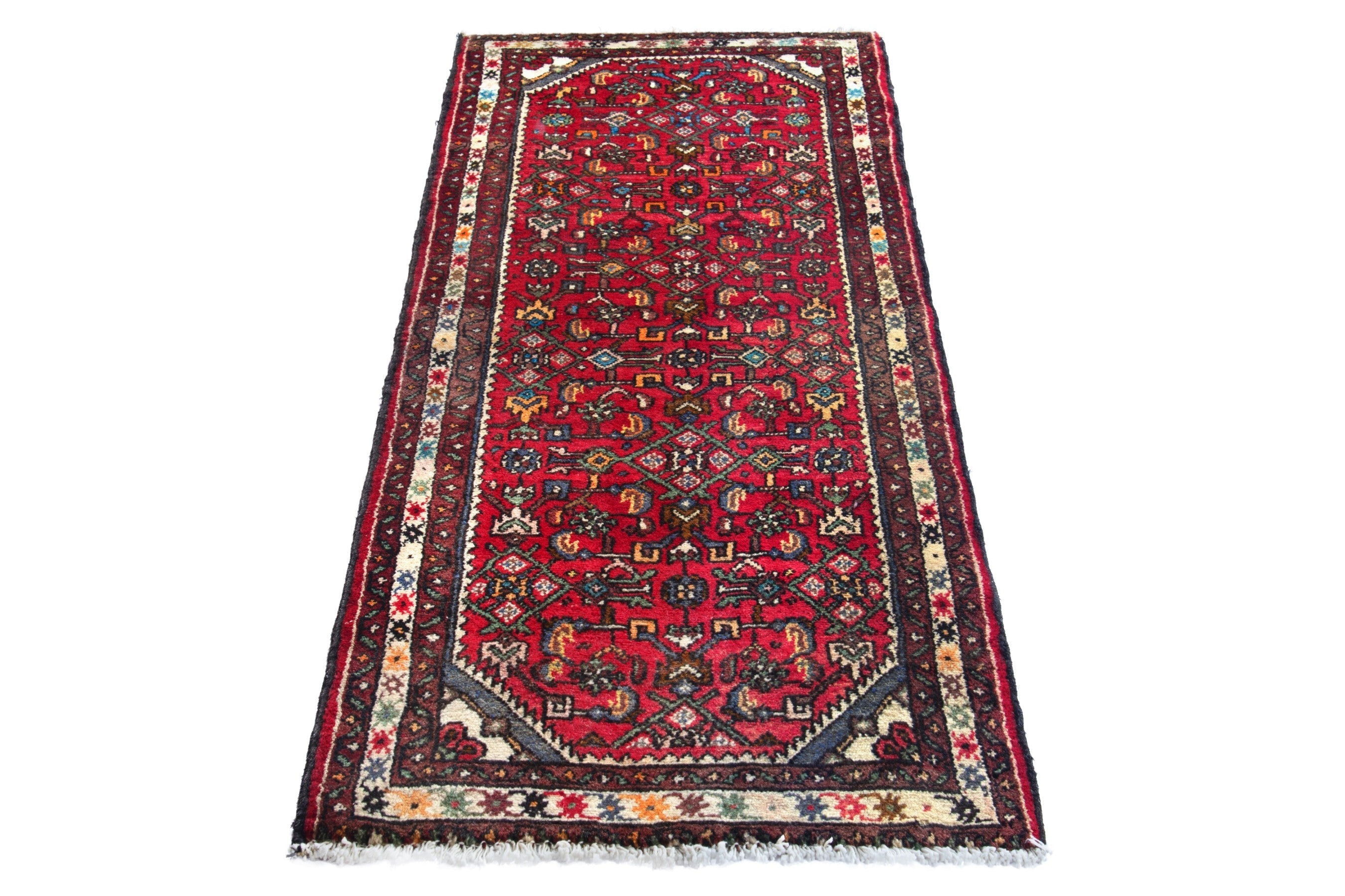 Persian Hamedan runner rug in deep red and cream, view 3 of 18