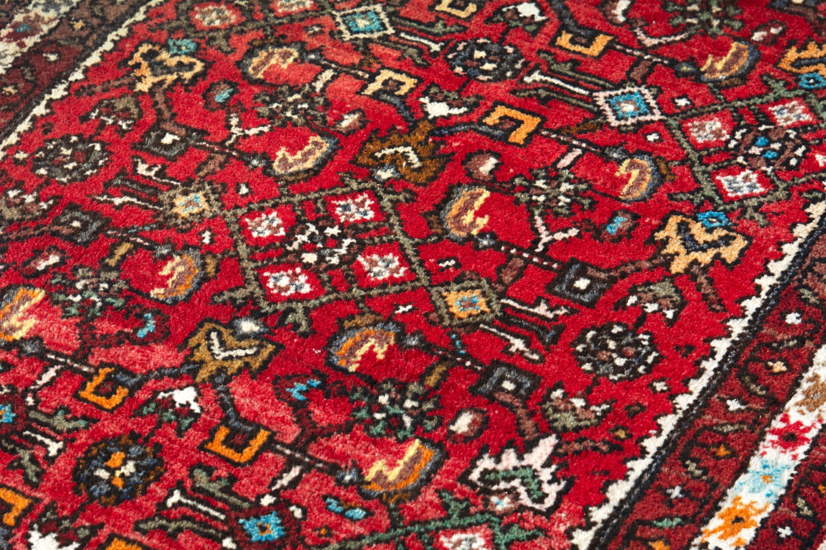 Persian Hamedan runner rug in deep red and cream, view 9 of 18