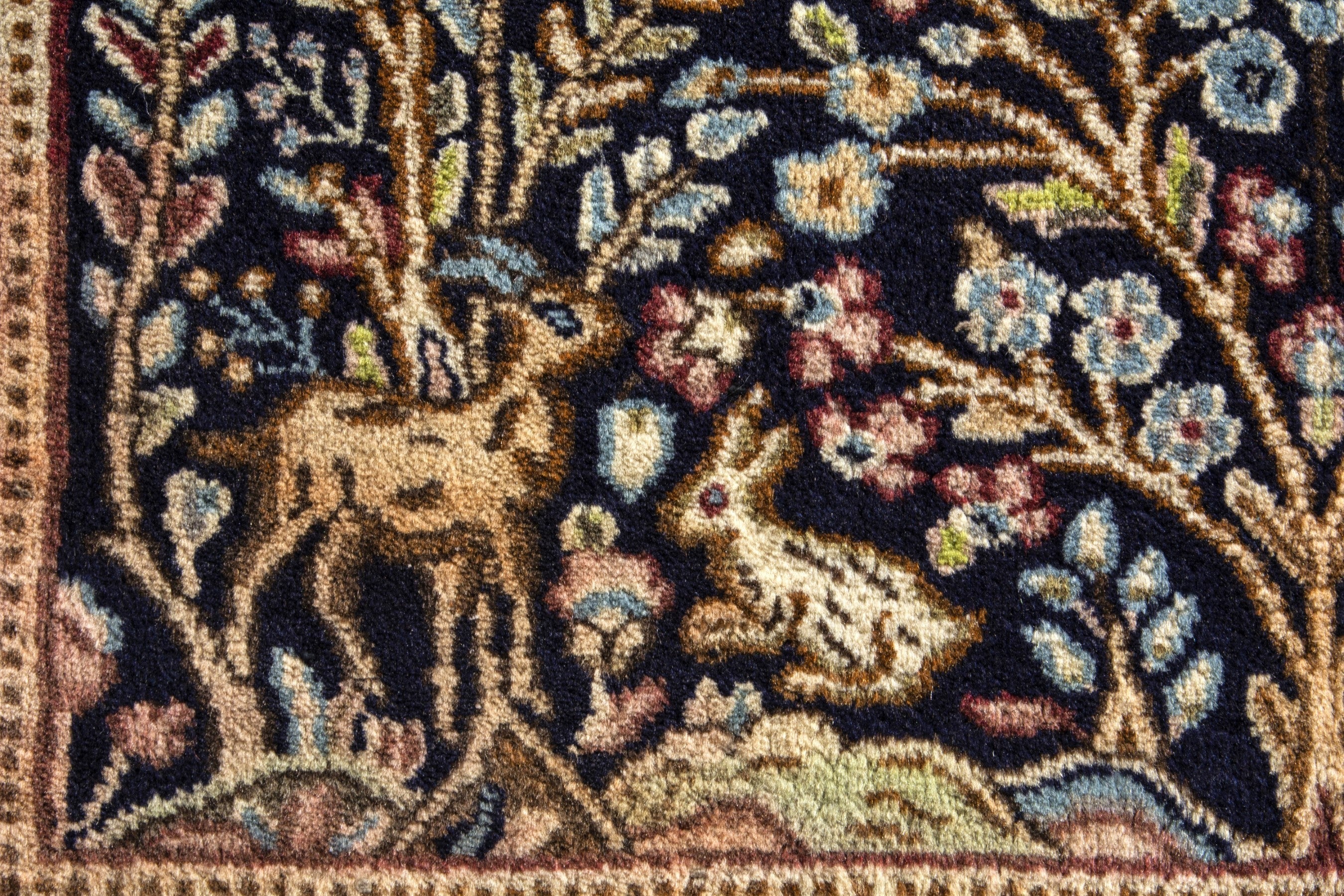 Persian Kerman accent rug in navy and burgundy, view 11 of 18