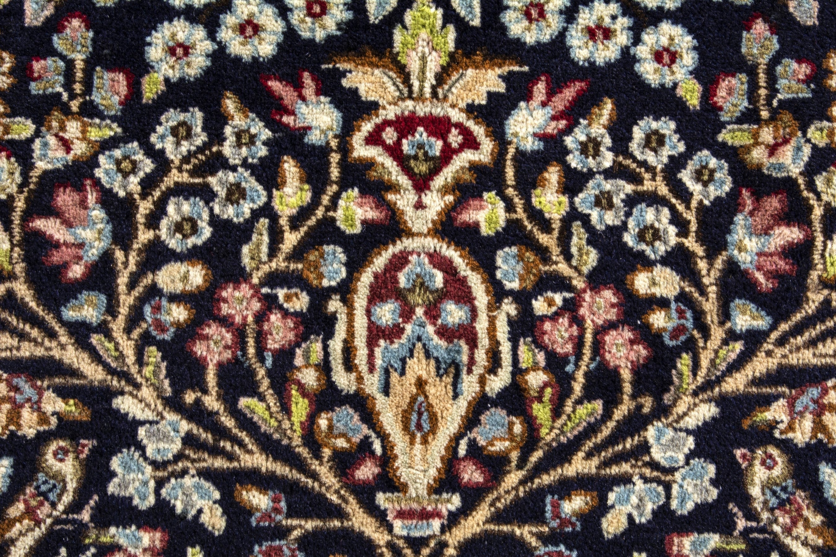 Persian Kerman accent rug in navy and burgundy, view 14 of 18