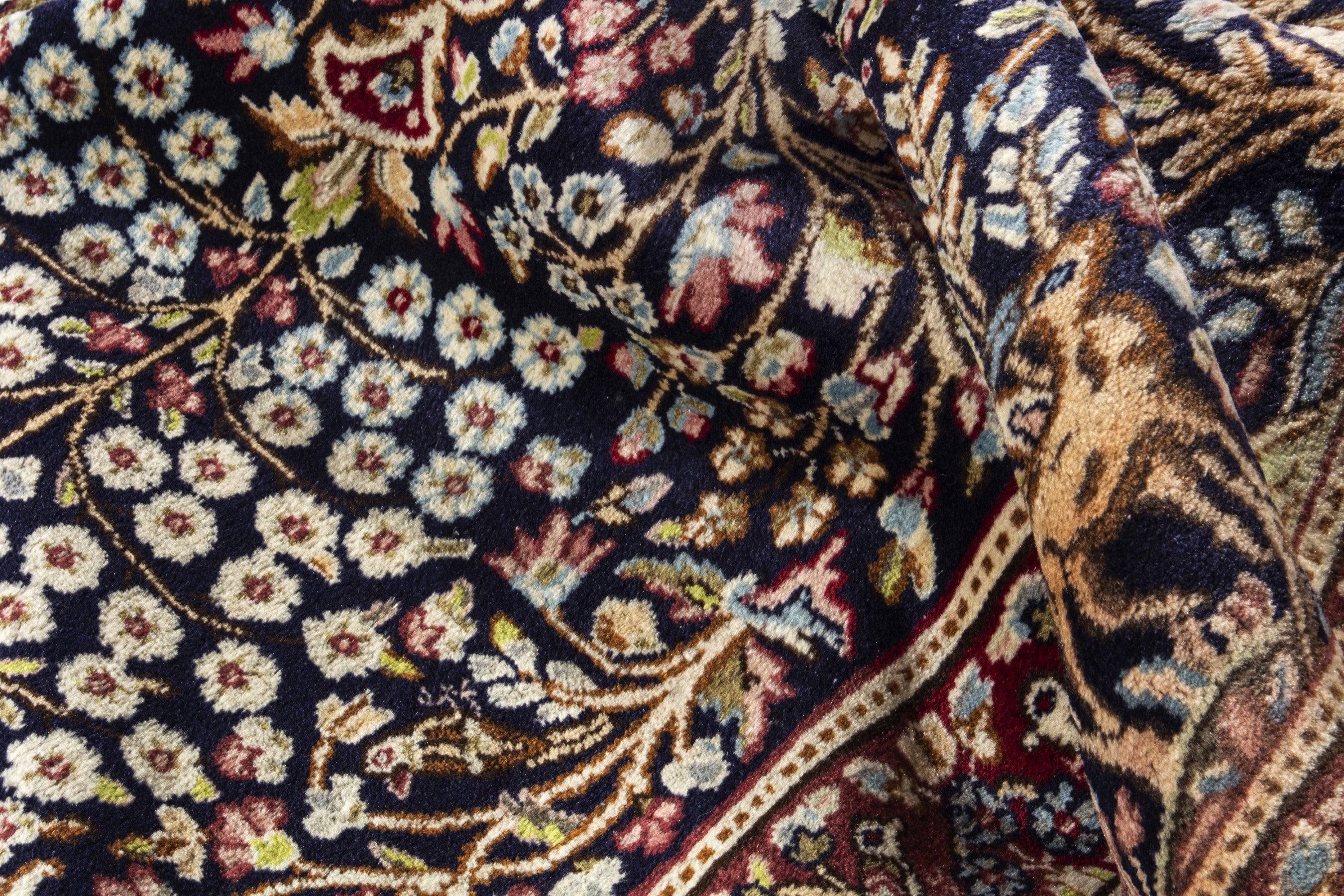 Persian Kerman accent rug in navy and burgundy, view 16 of 18