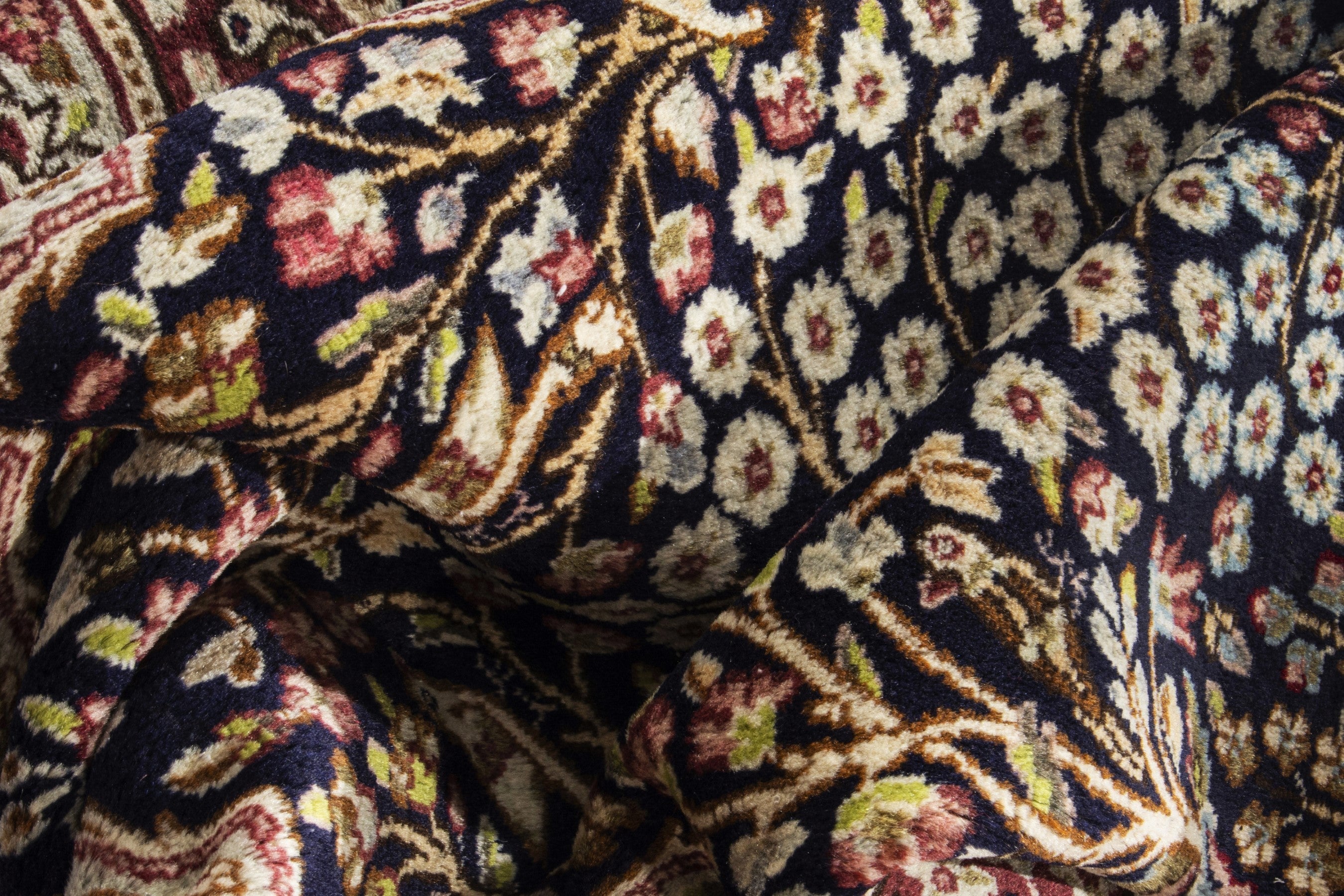 Persian Kerman accent rug in navy and burgundy, view 17 of 18