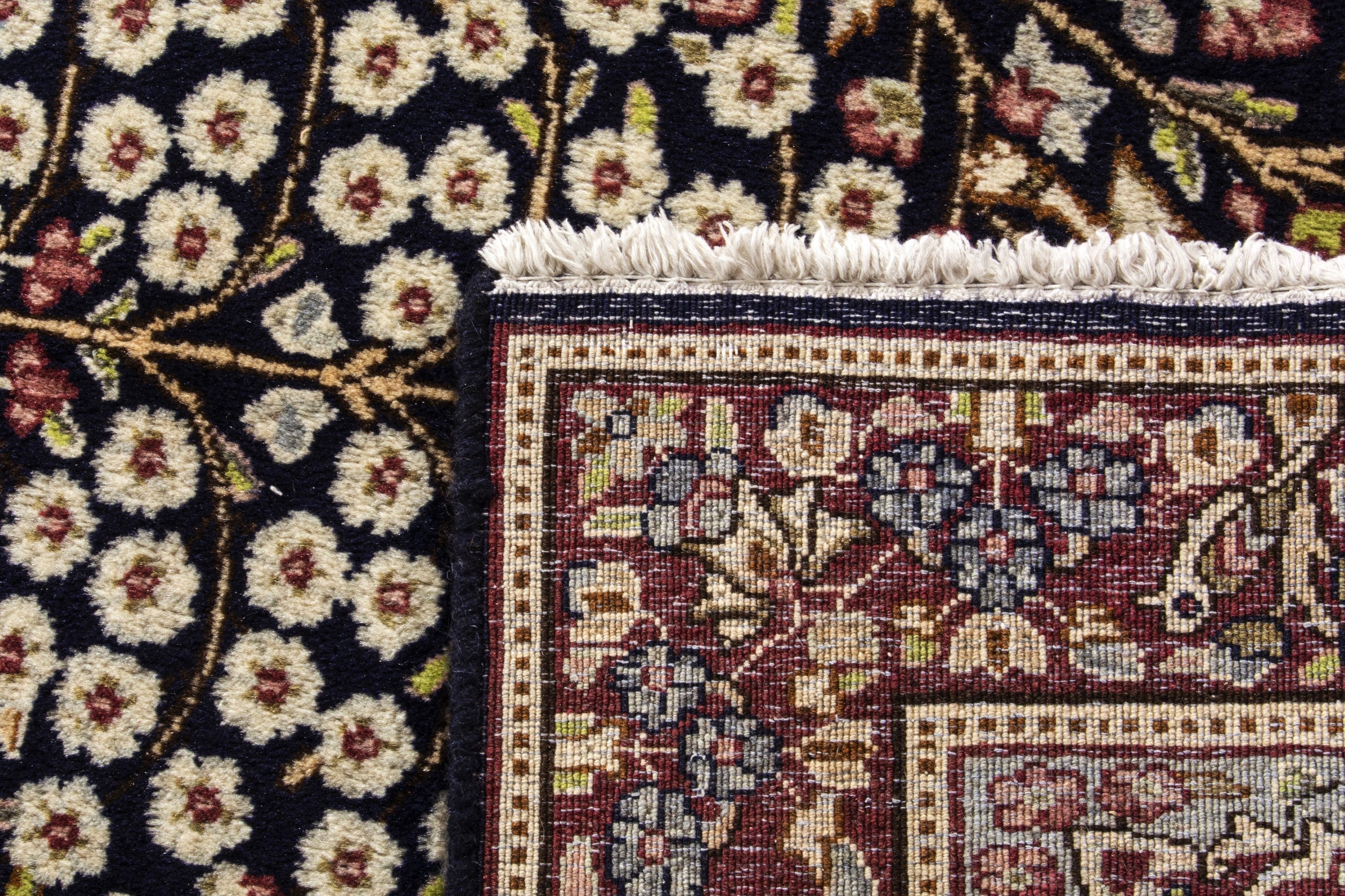 Persian Kerman accent rug in navy and burgundy, view 18 of 18