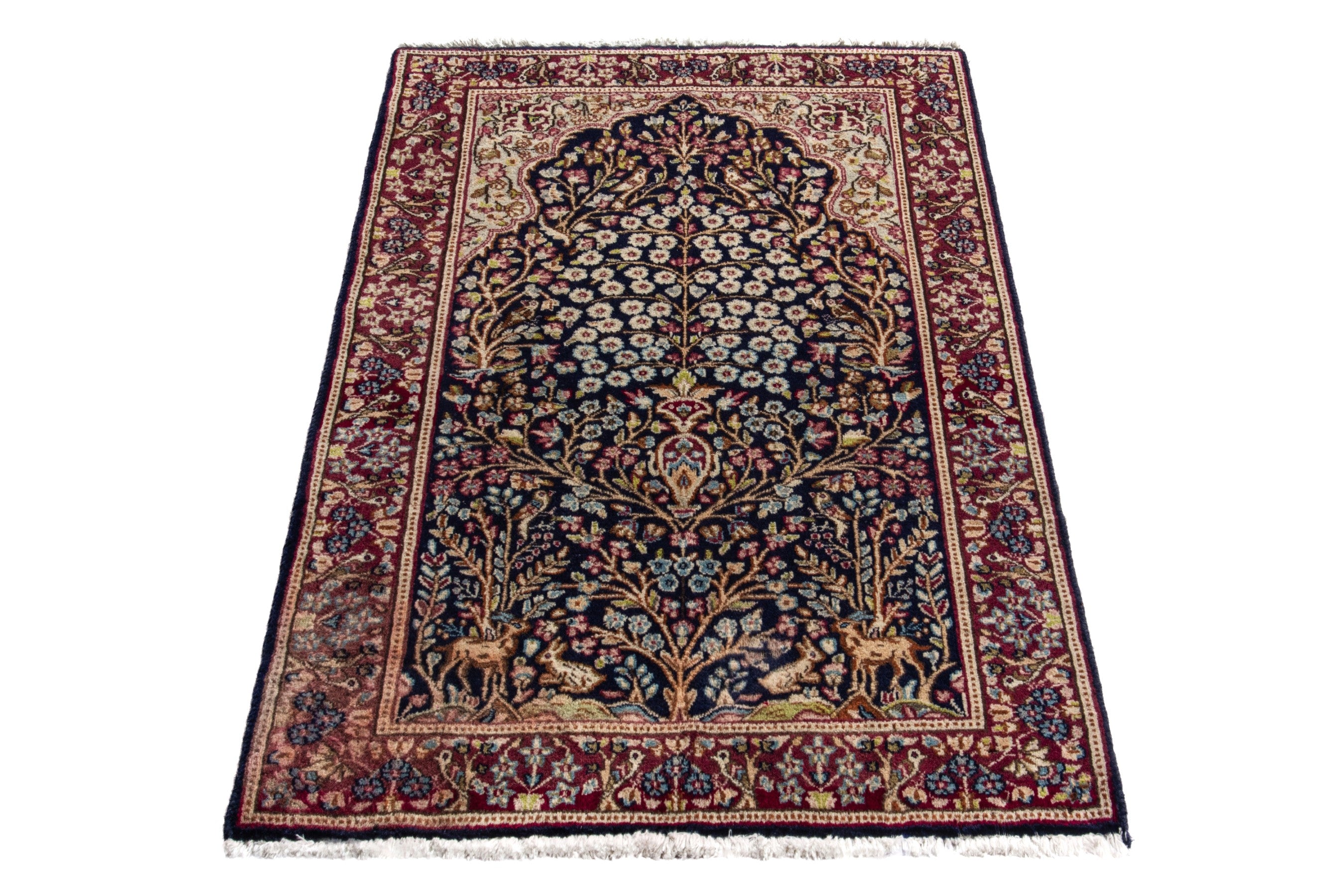 Persian Kerman accent rug in navy and burgundy, view 3 of 18
