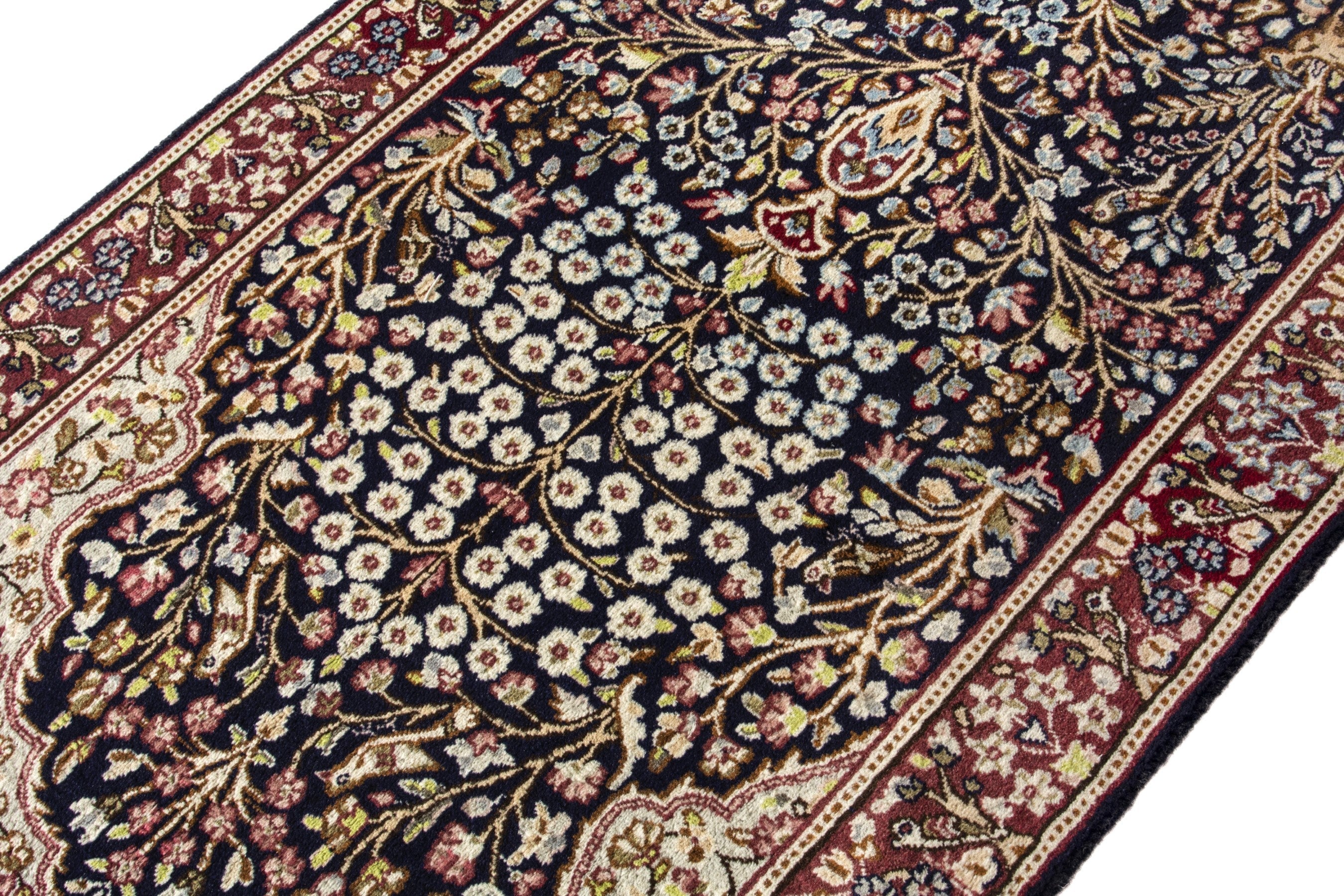Persian Kerman accent rug in navy and burgundy, view 6 of 18