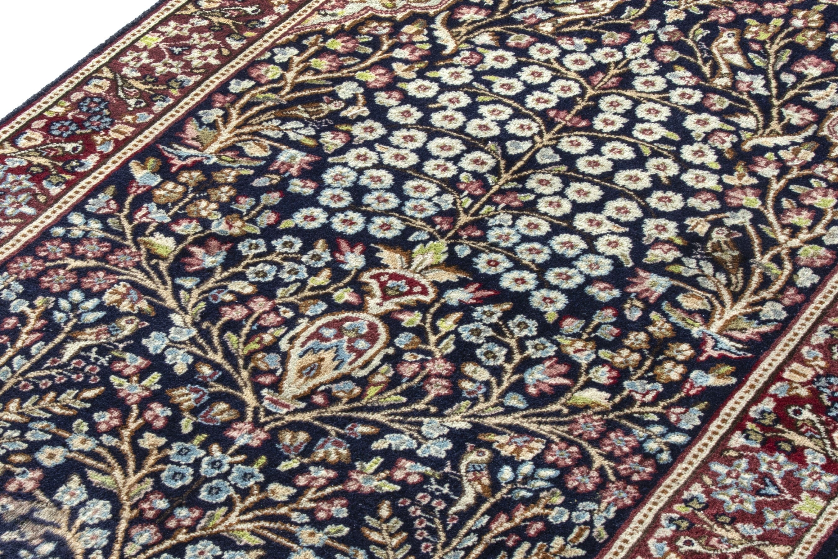 Persian Kerman accent rug in navy and burgundy, view 9 of 18