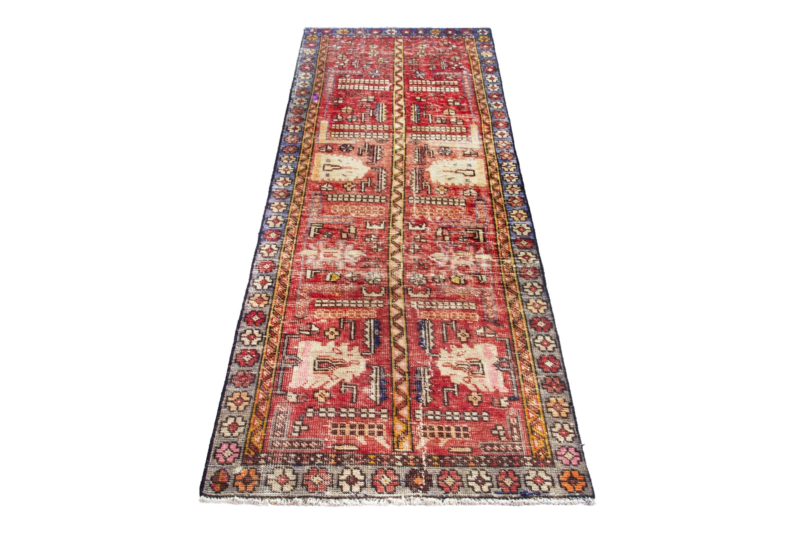 Persian Azerbaijan runner rug in faded red and slate blue, view 3 of 18