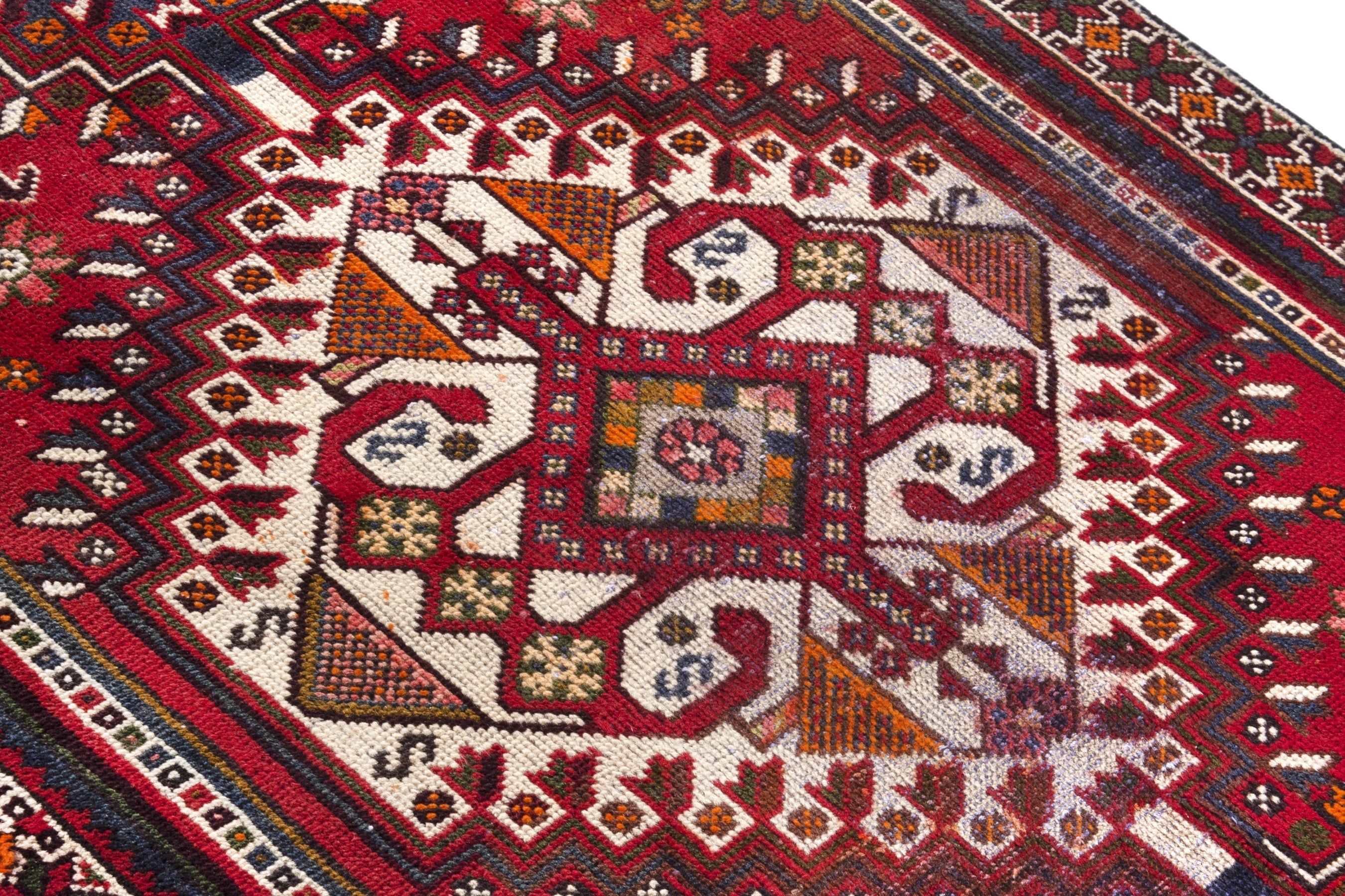 Persian Shiraz runner rug in deep red and dark blue, view 10 of 20