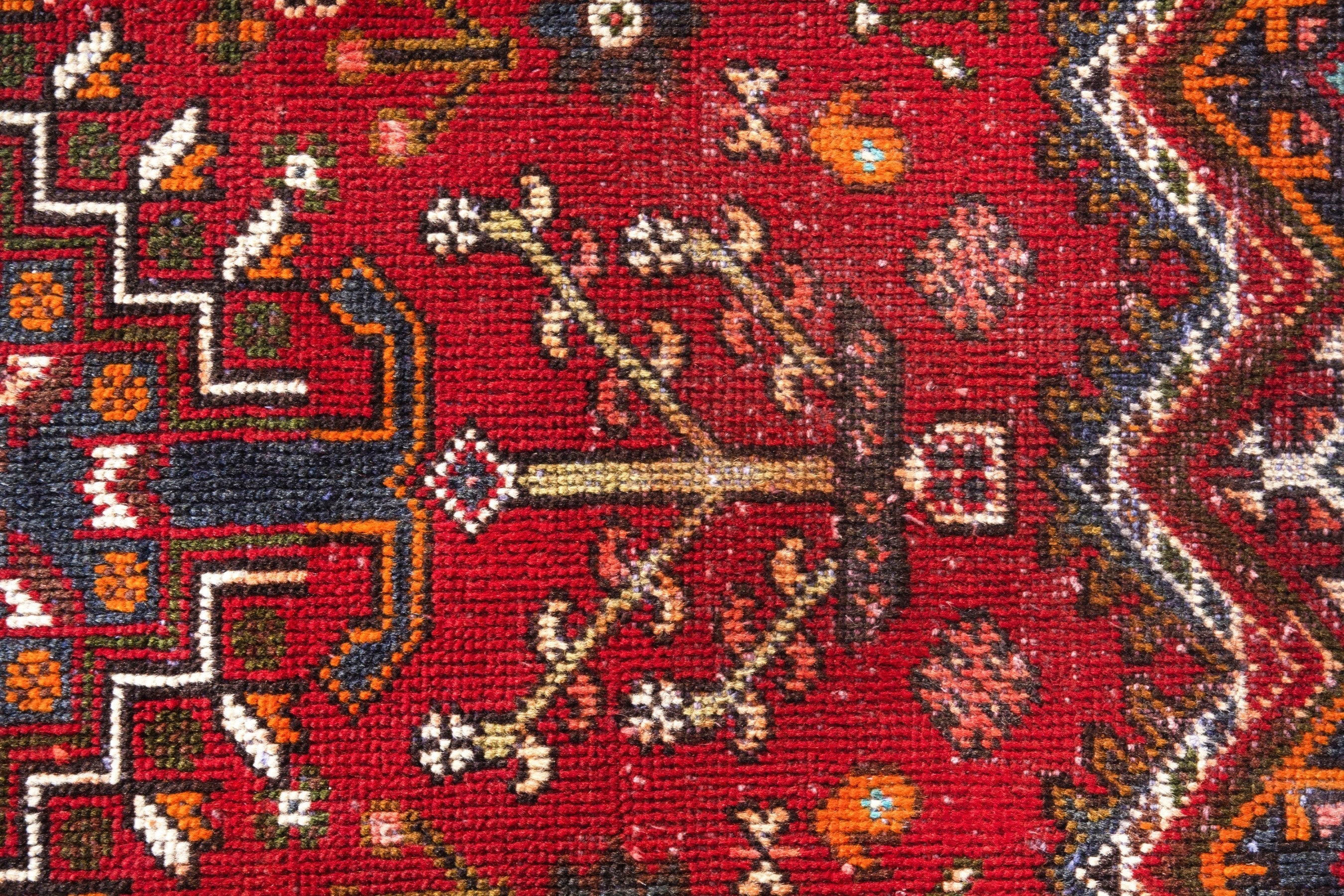 Persian Shiraz runner rug in deep red and dark blue, view 11 of 20