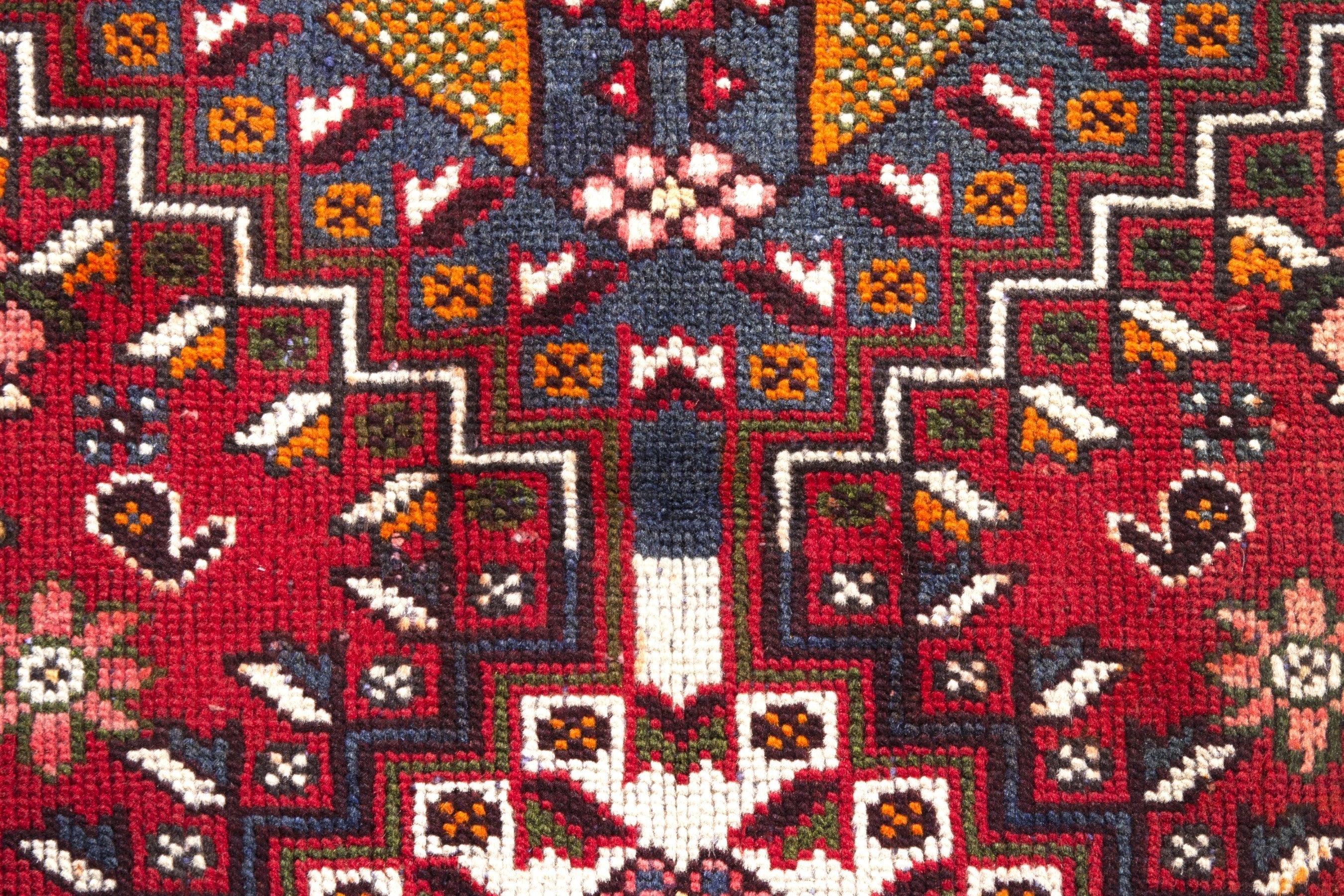 Persian Shiraz runner rug in deep red and dark blue, view 12 of 20