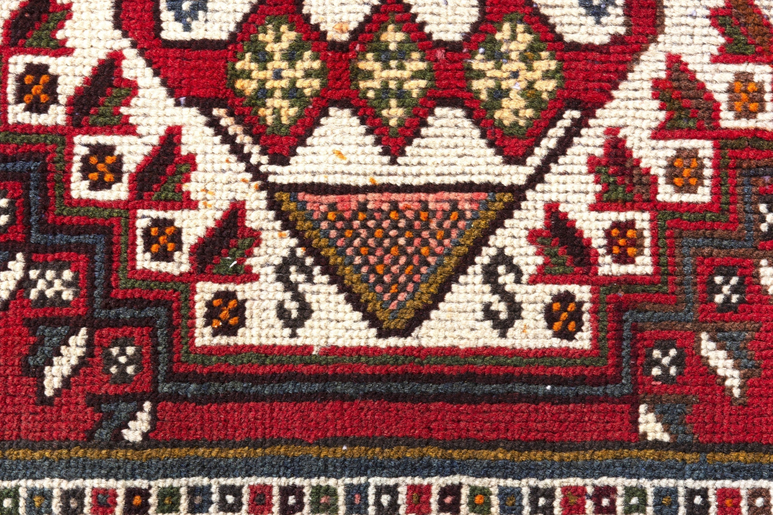 Persian Shiraz runner rug in deep red and dark blue, view 15 of 20
