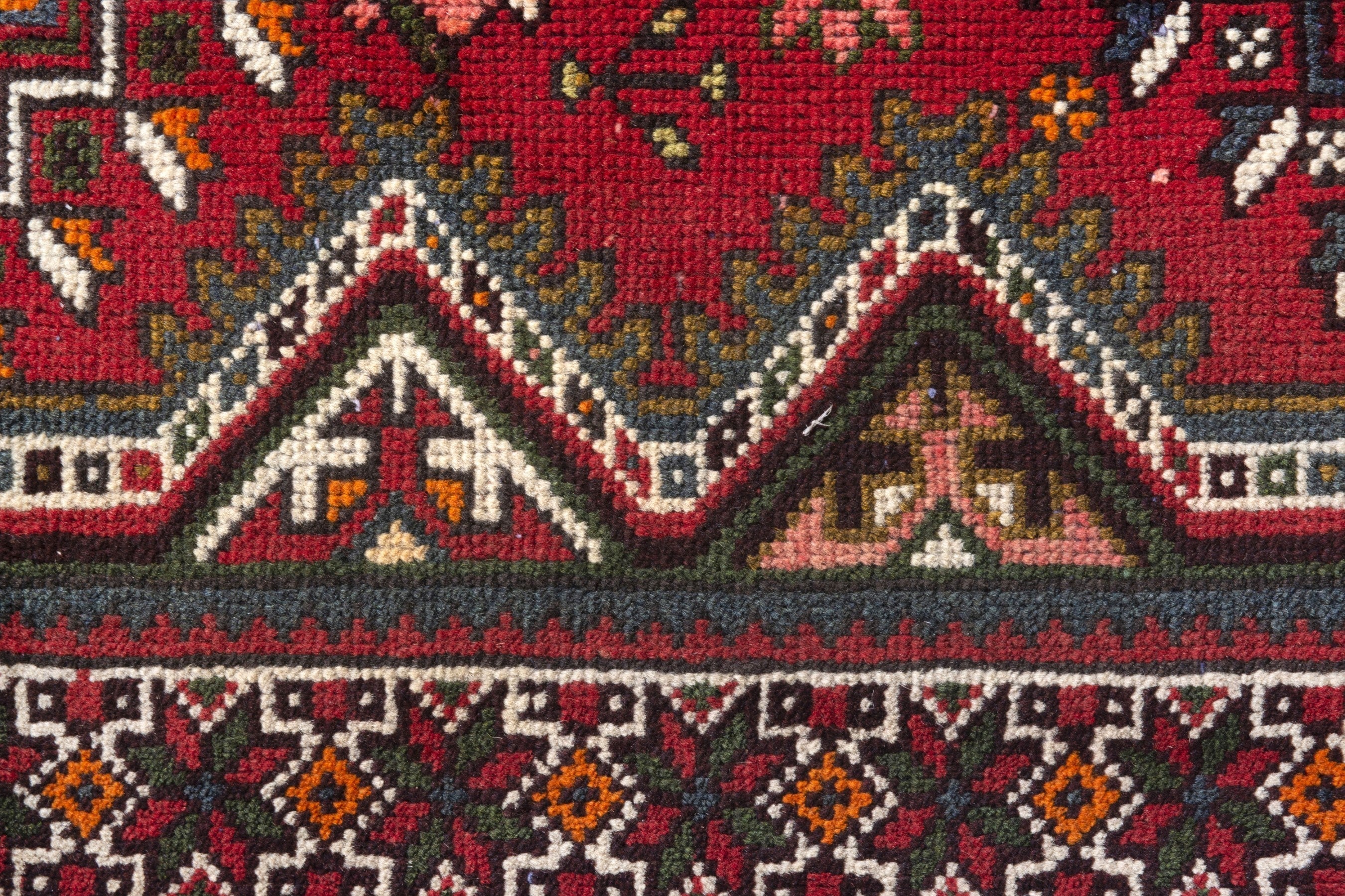 Persian Shiraz runner rug in deep red and dark blue, view 16 of 20
