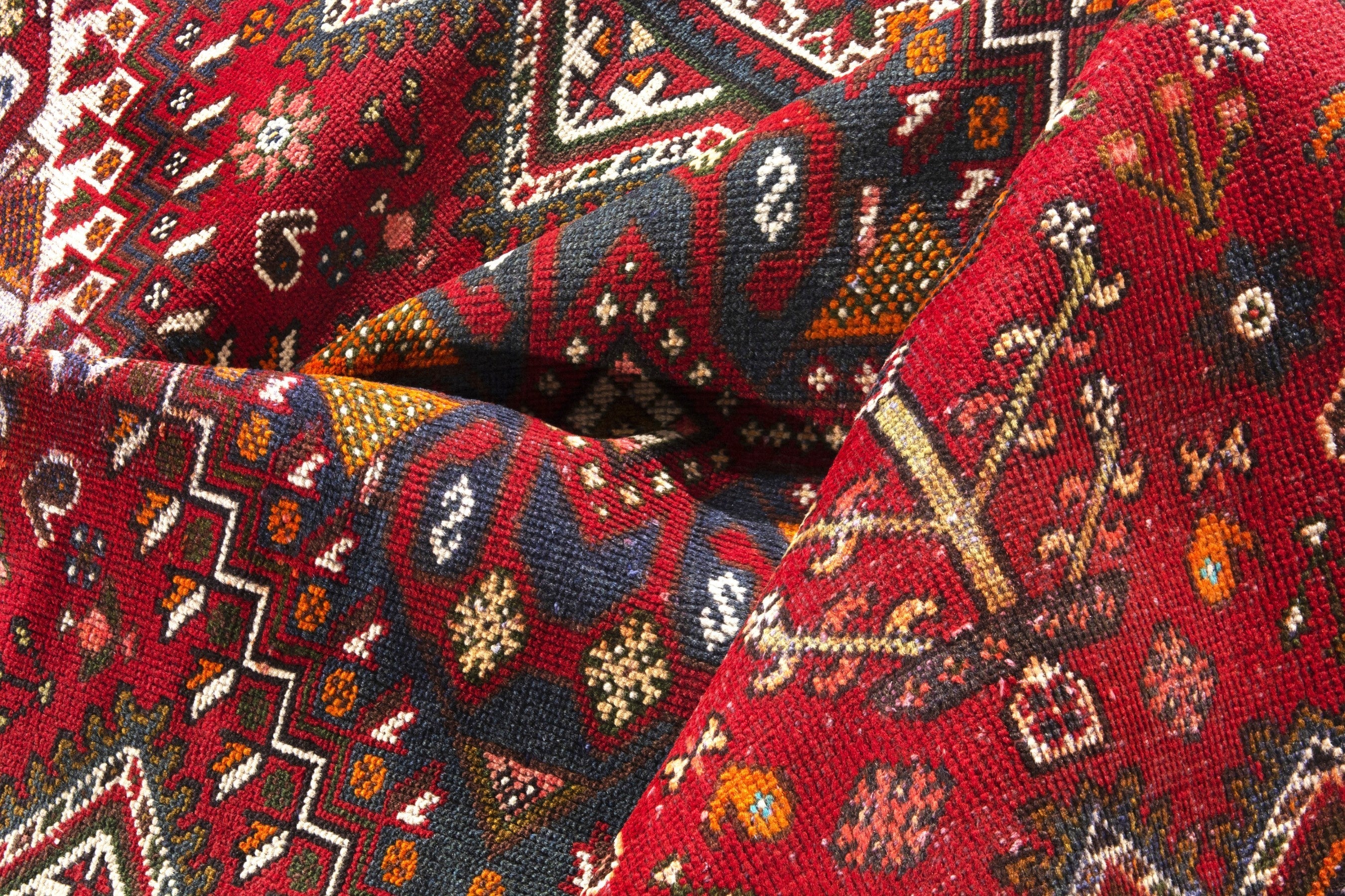 Persian Shiraz runner rug in deep red and dark blue, view 17 of 20