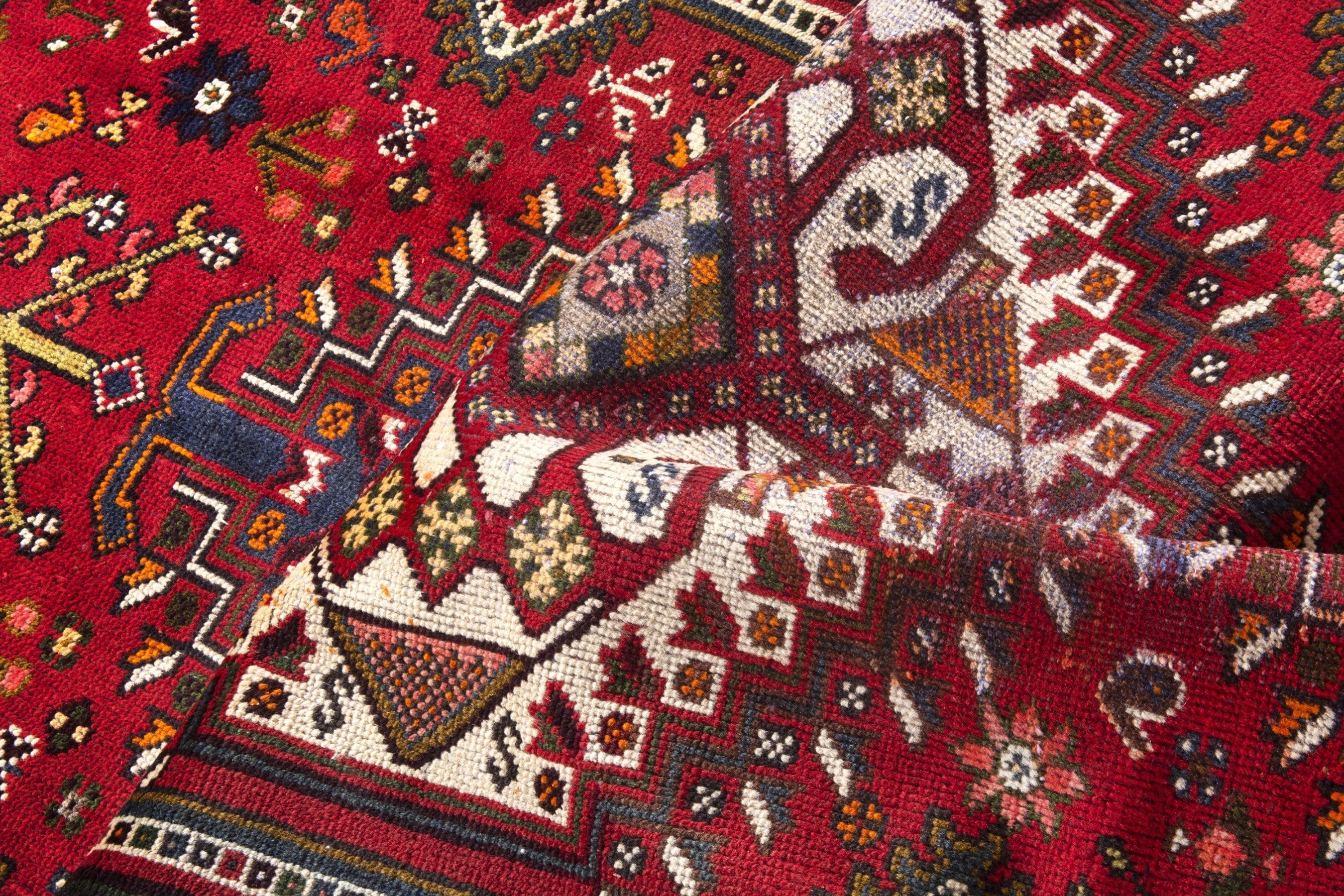 Persian Shiraz runner rug in deep red and dark blue, view 18 of 20