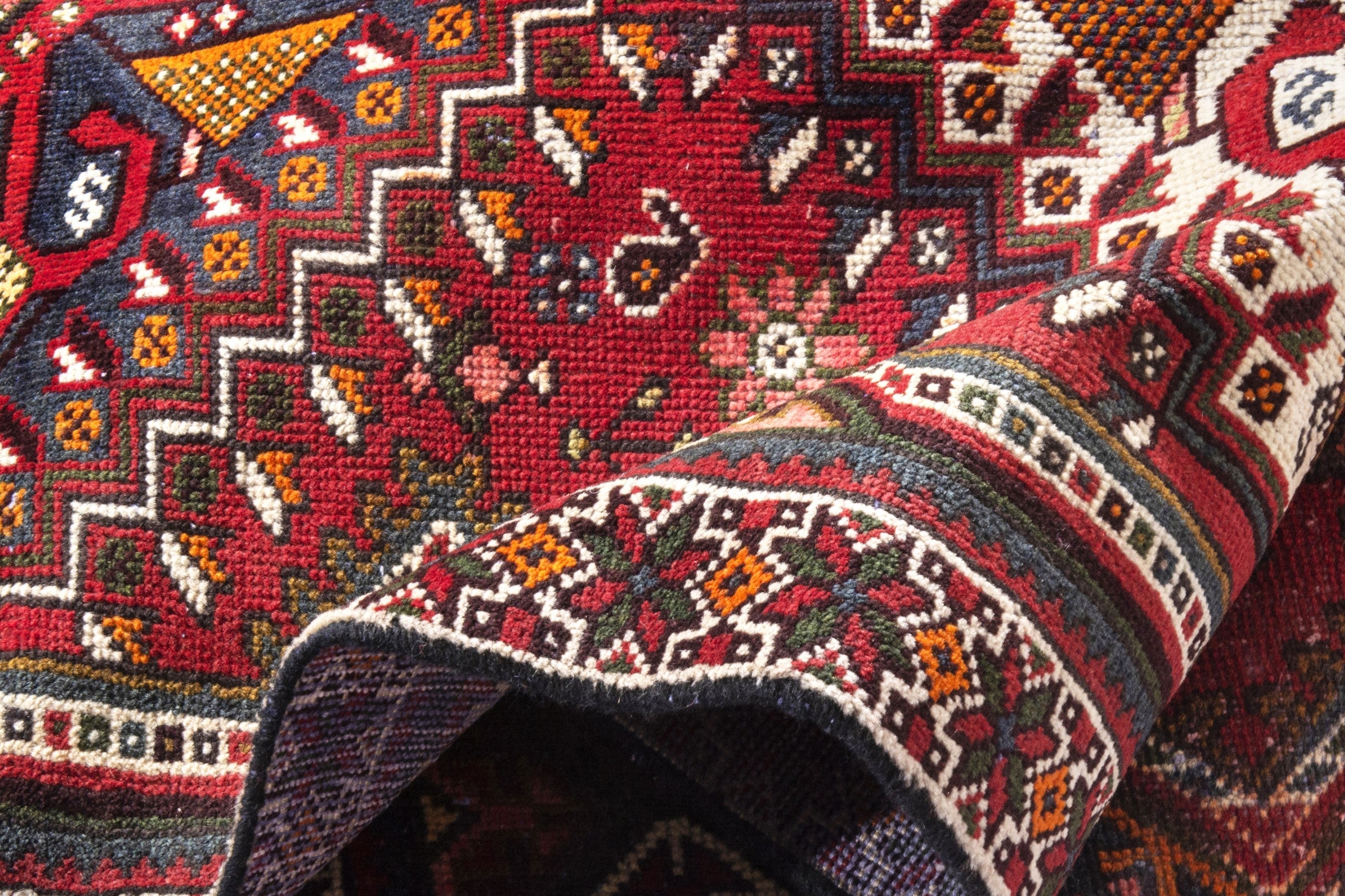 Persian Shiraz runner rug in deep red and dark blue, view 19 of 20