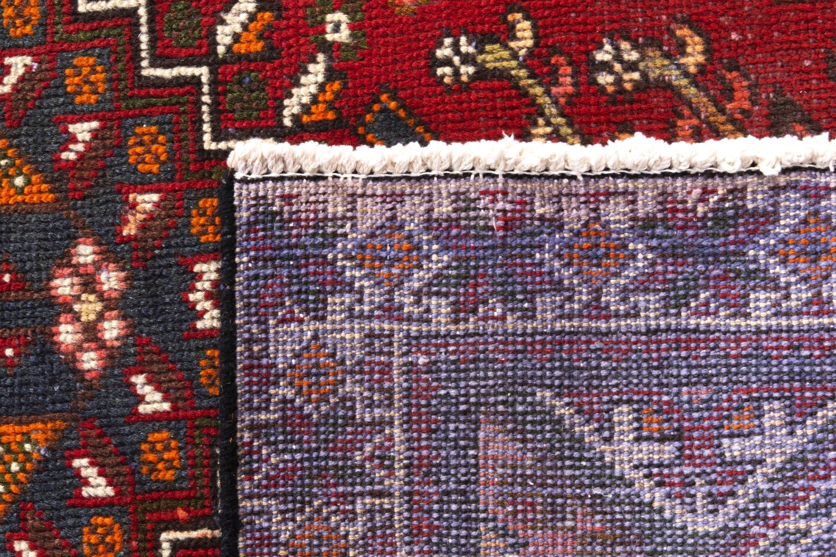 Persian Shiraz runner rug in deep red and dark blue, view 20 of 20