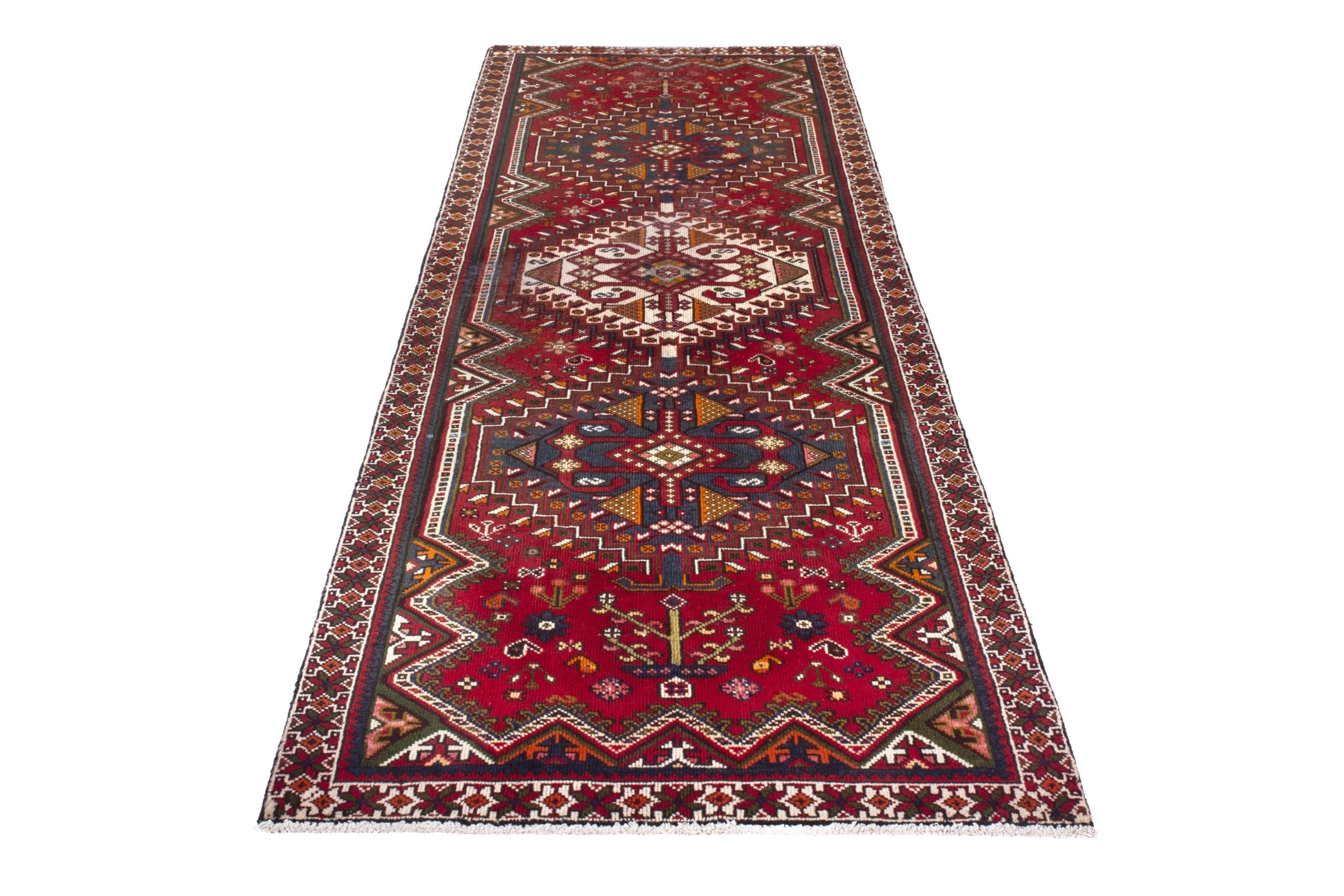 Persian Shiraz runner rug in deep red and dark blue, view 2 of 20