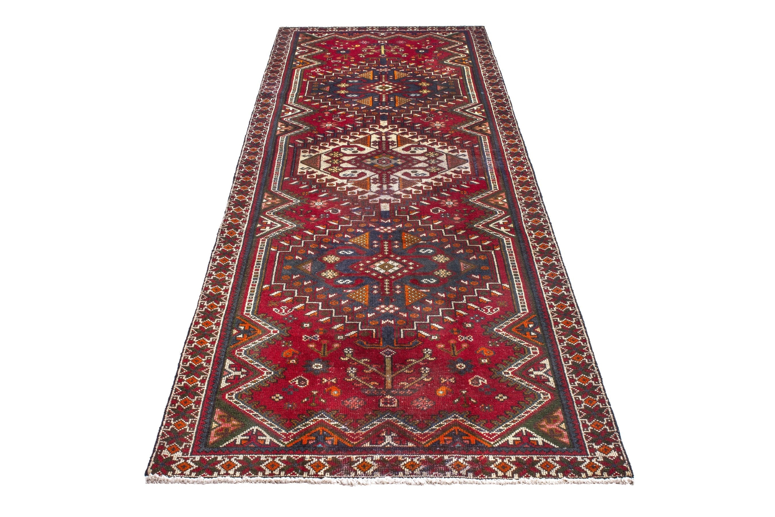 Persian Shiraz runner rug in deep red and dark blue, view 3 of 20