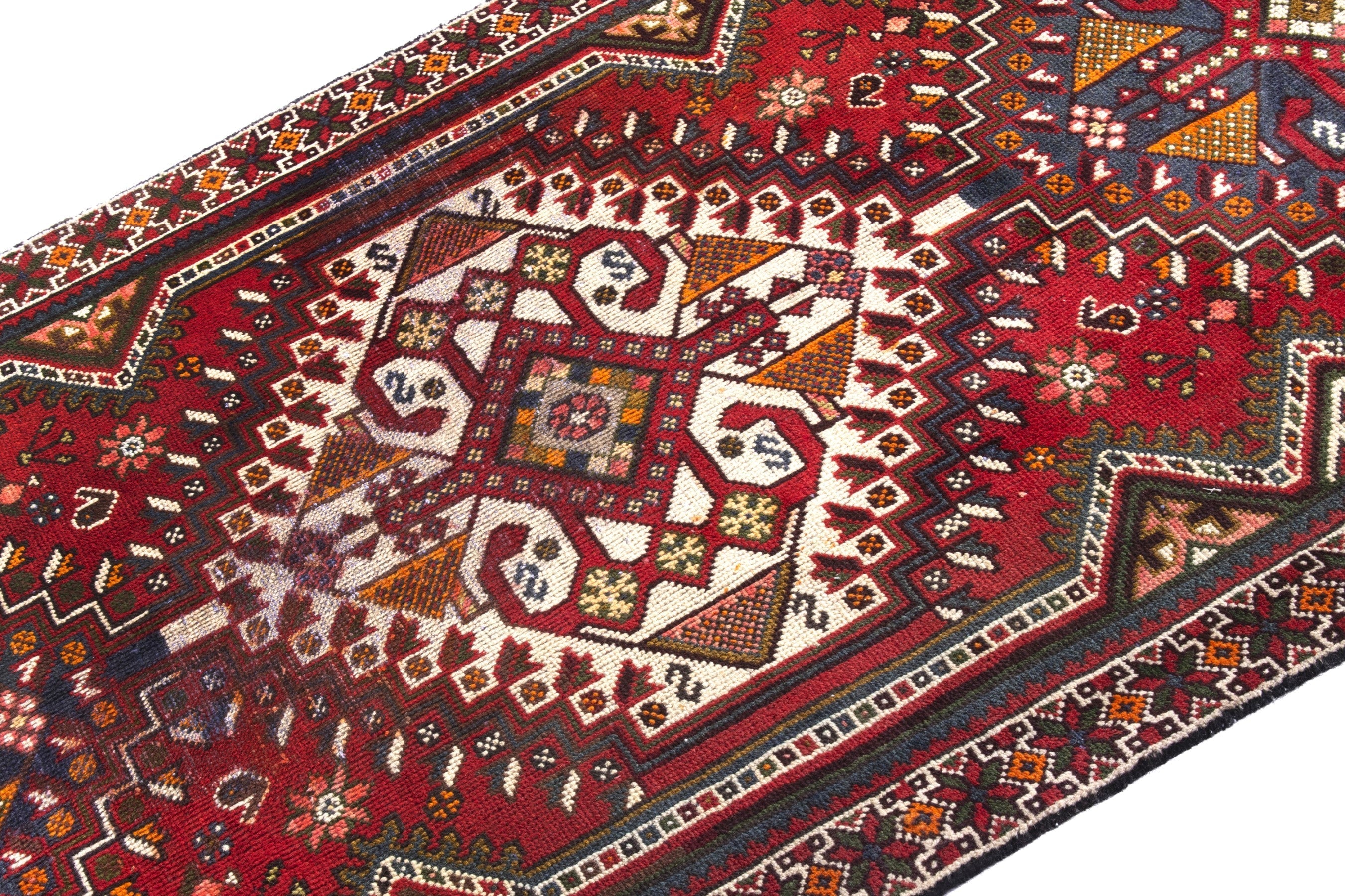 Persian Shiraz runner rug in deep red and dark blue, view 6 of 20