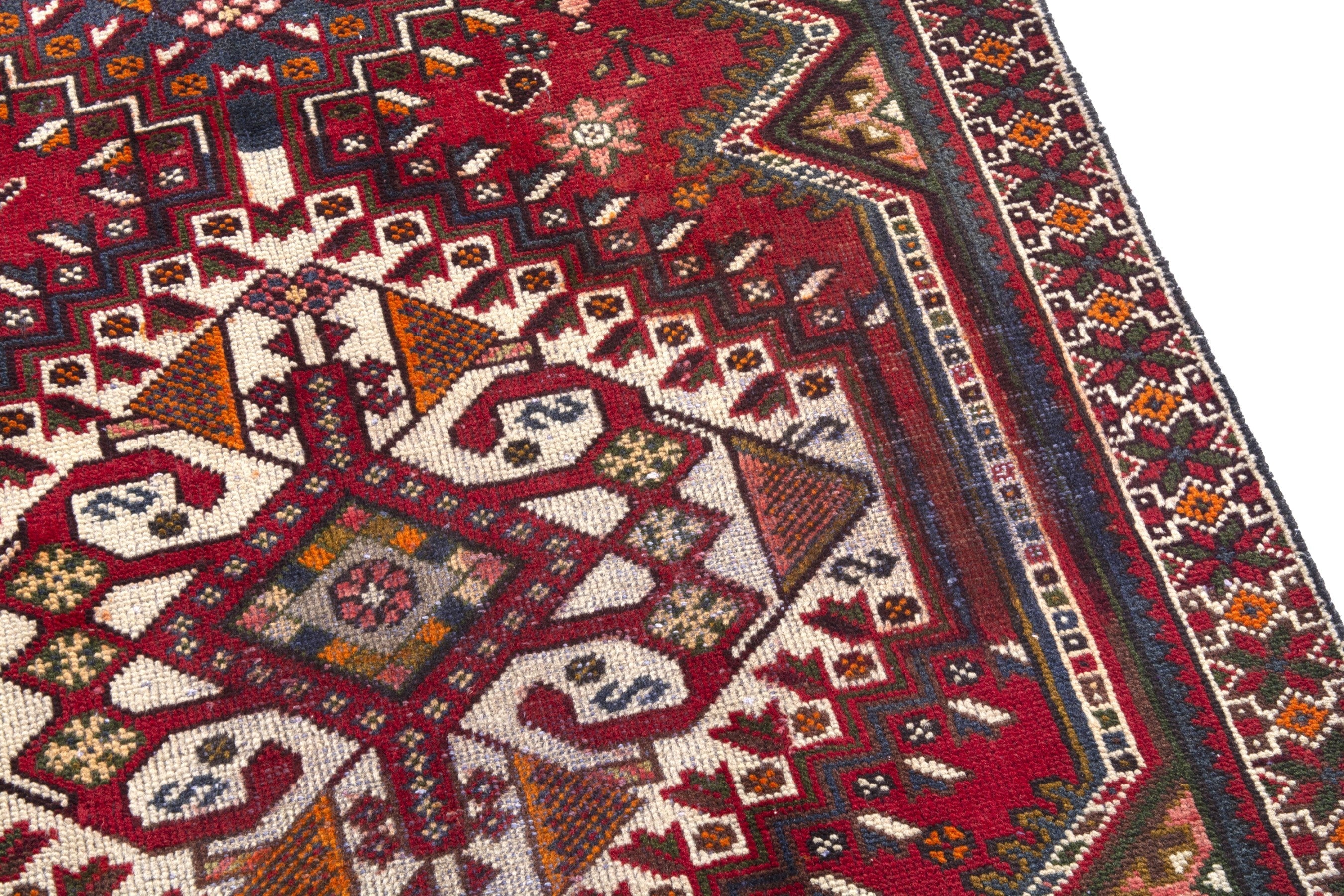 Persian Shiraz runner rug in deep red and dark blue, view 7 of 20