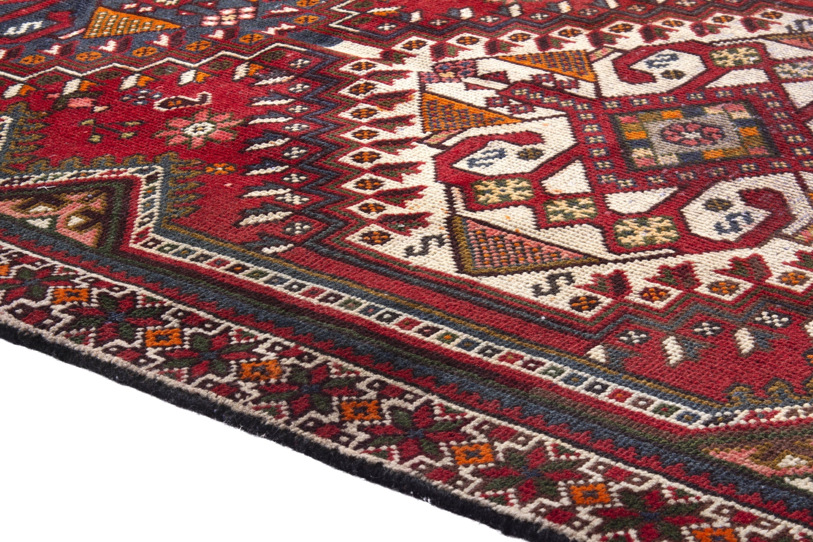 Persian Shiraz runner rug in deep red and dark blue, view 8 of 20