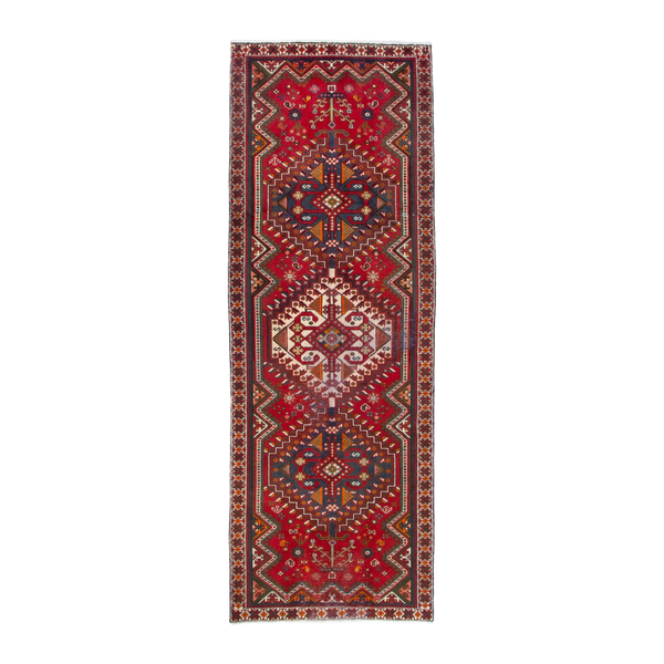 Persian Shiraz runner rug in deep red and dark blue, 3'5" x 9'11"