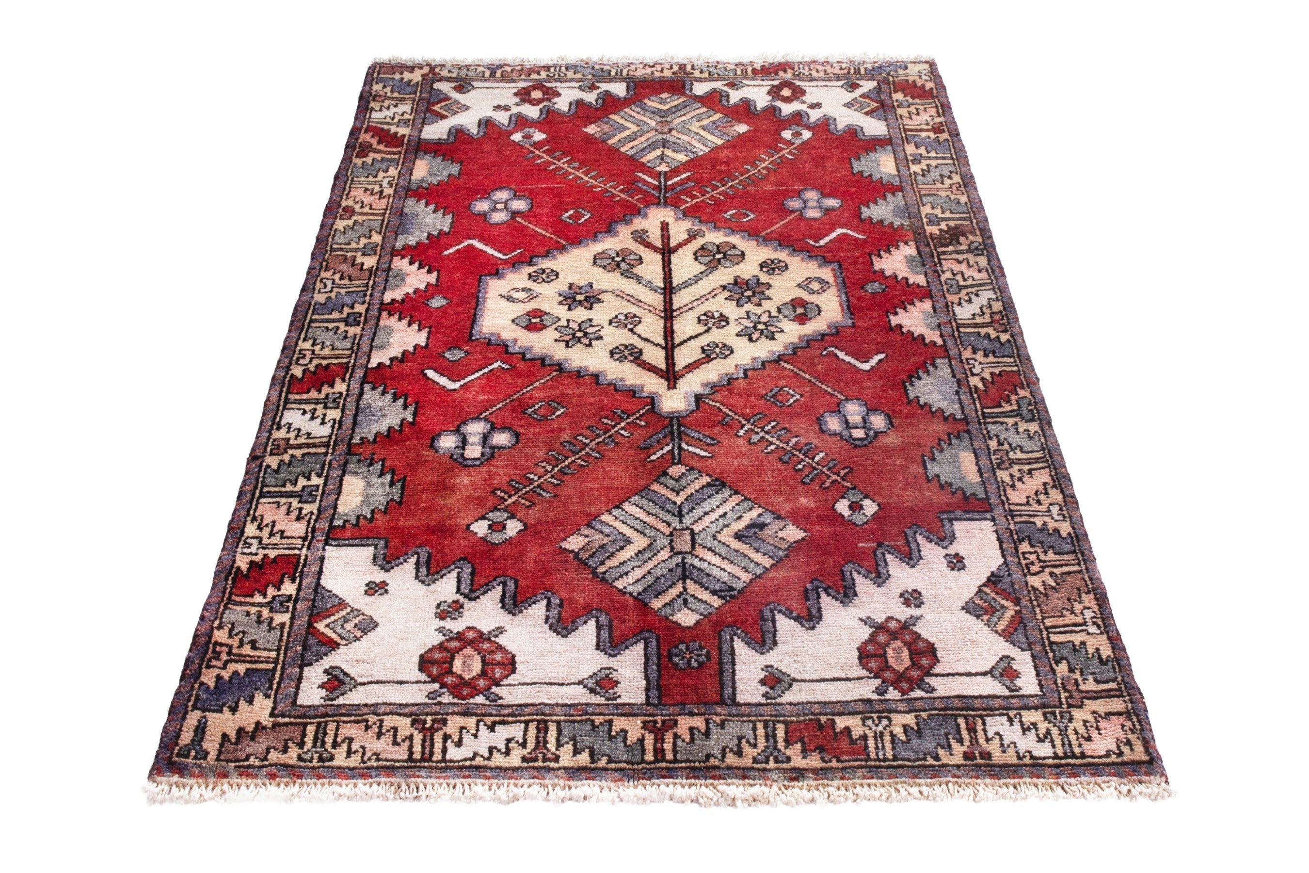 Persian Hamedan accent rug in deep red and cream, view 3 of 17