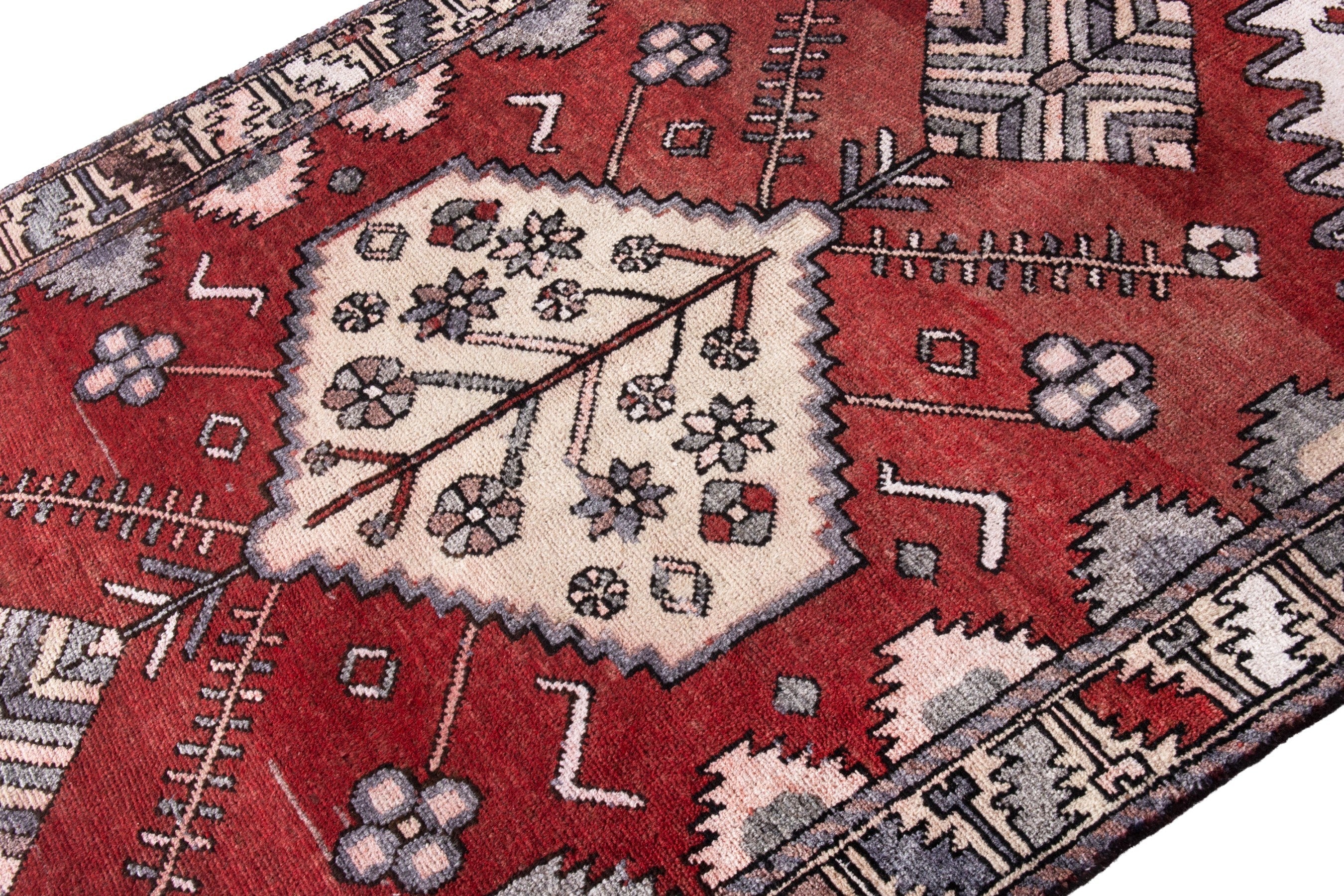 Persian Hamedan accent rug in deep red and cream, view 6 of 17