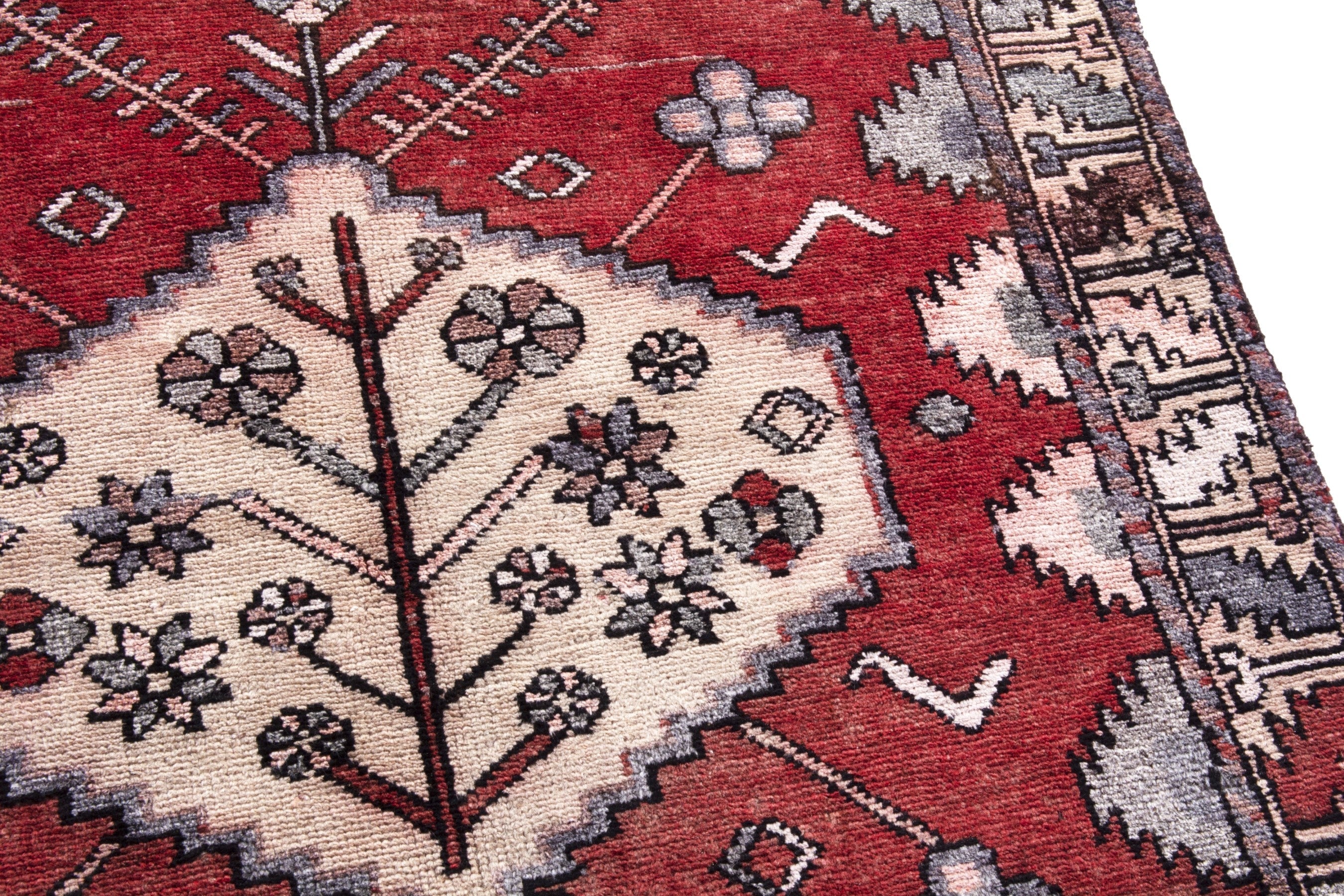 Persian Hamedan accent rug in deep red and cream, view 7 of 17