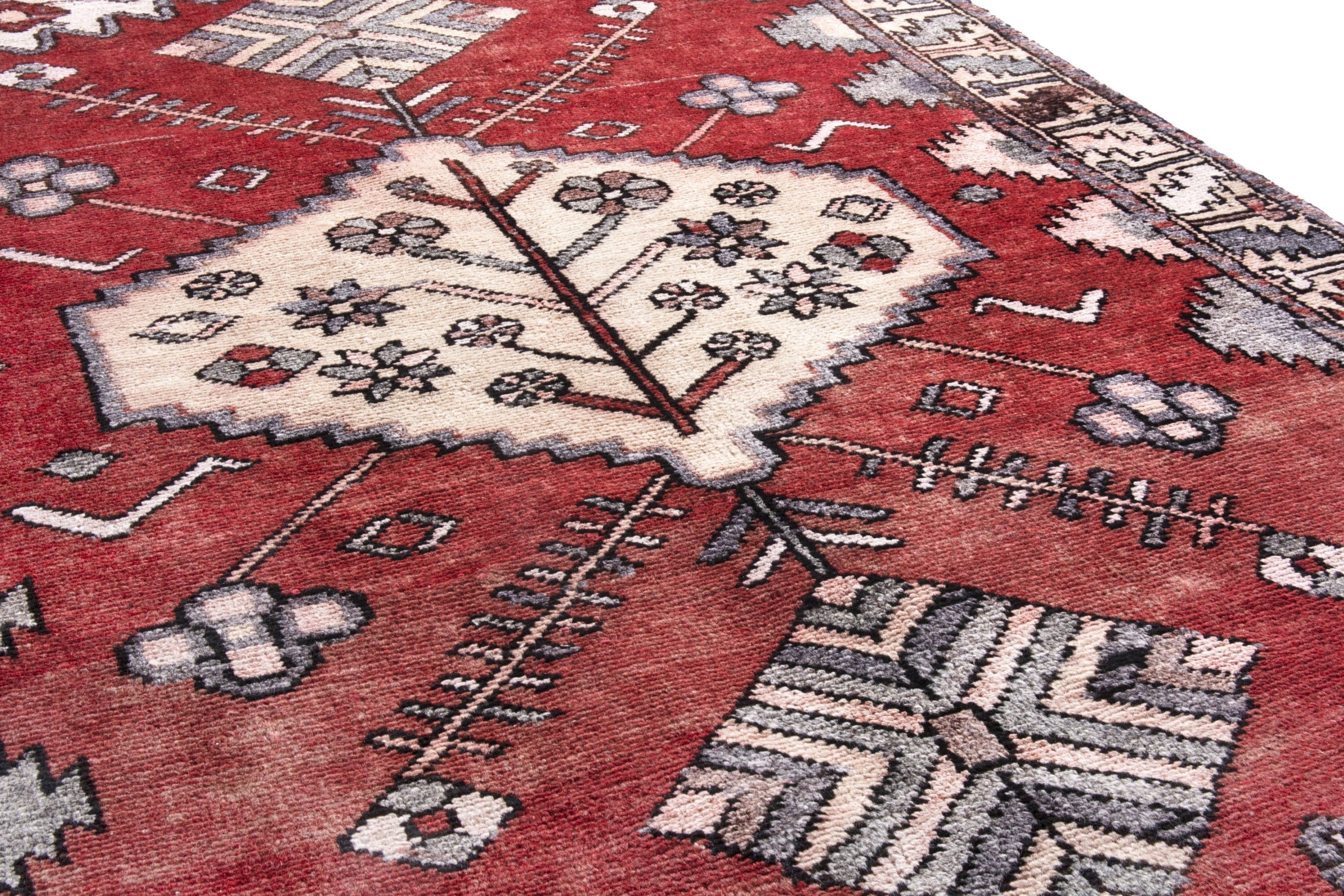 Persian Hamedan accent rug in deep red and cream, view 9 of 17