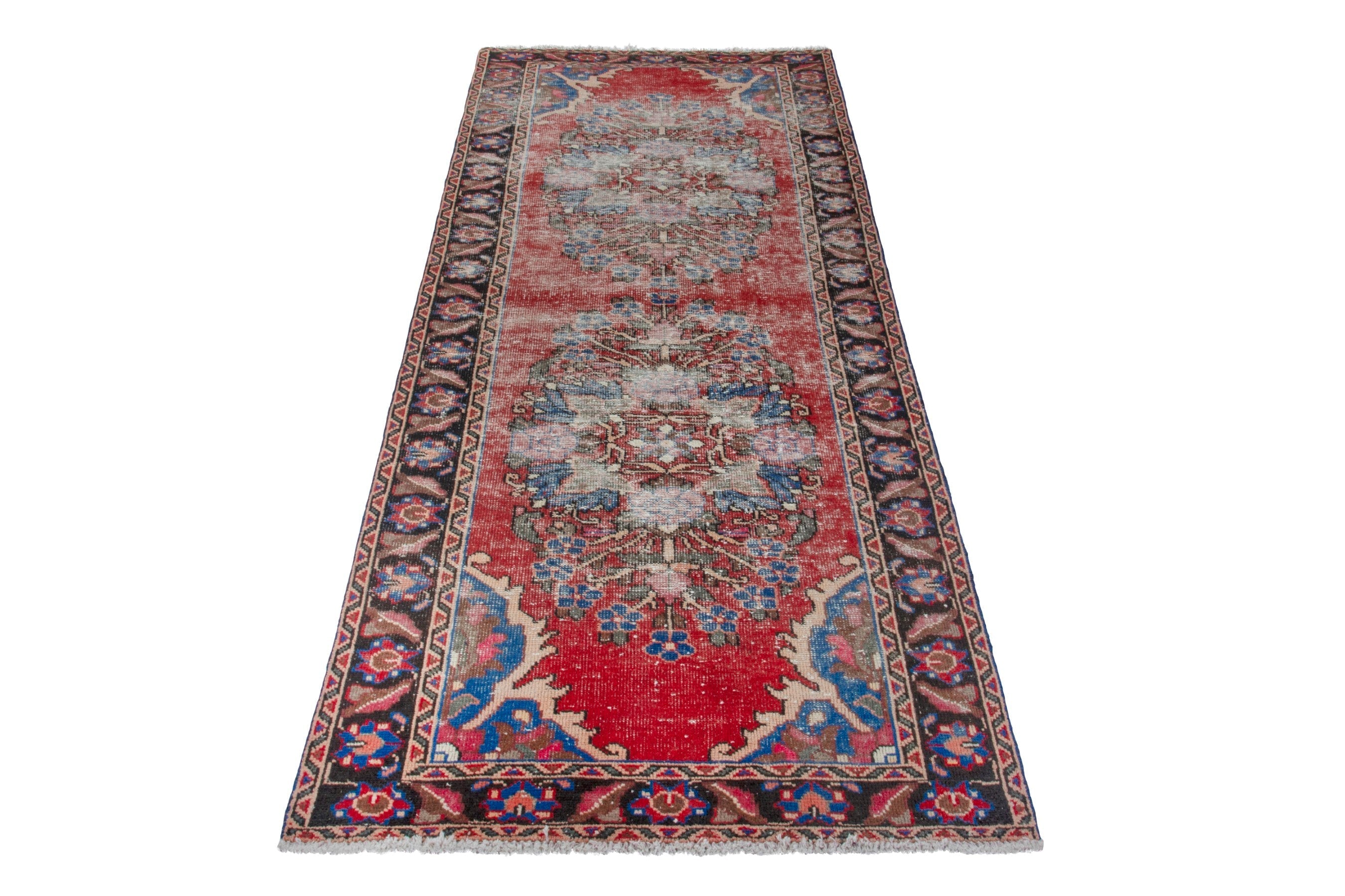 Persian Hamedan runner rug in faded red and dark brown, view 2 of 18