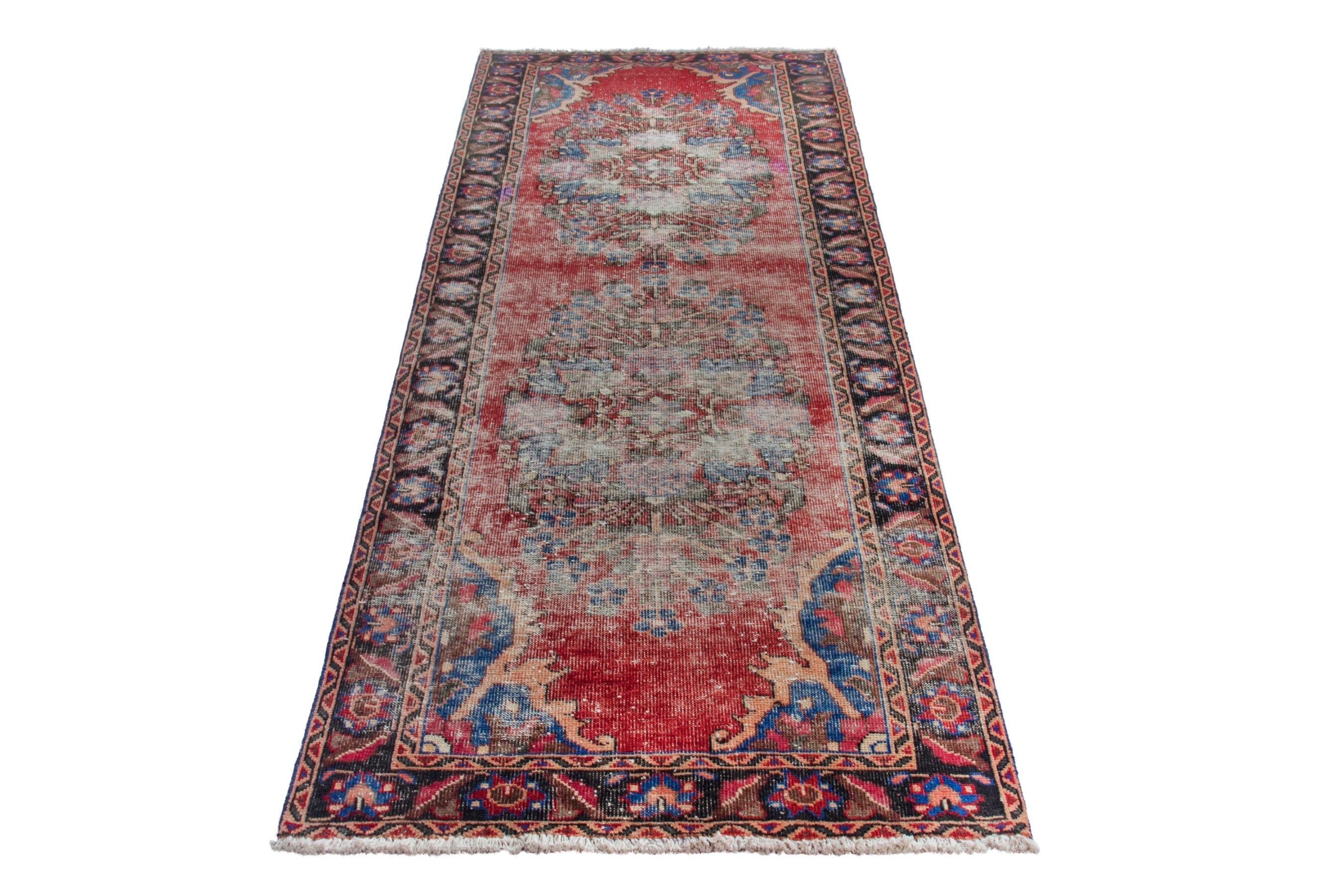 Persian Hamedan runner rug in faded red and dark brown, view 3 of 18