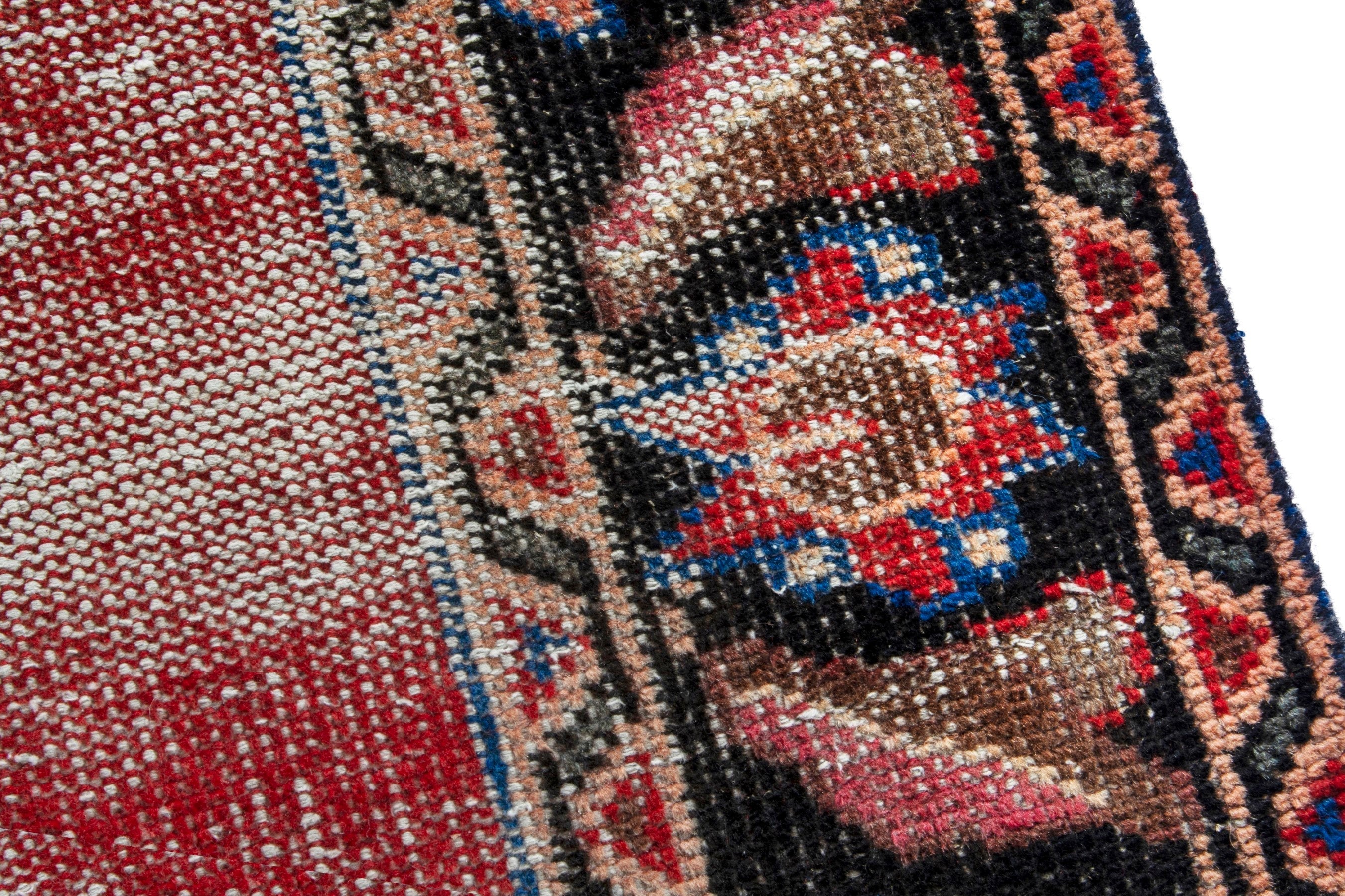 Persian Hamedan runner rug in faded red and dark brown, view 7 of 18