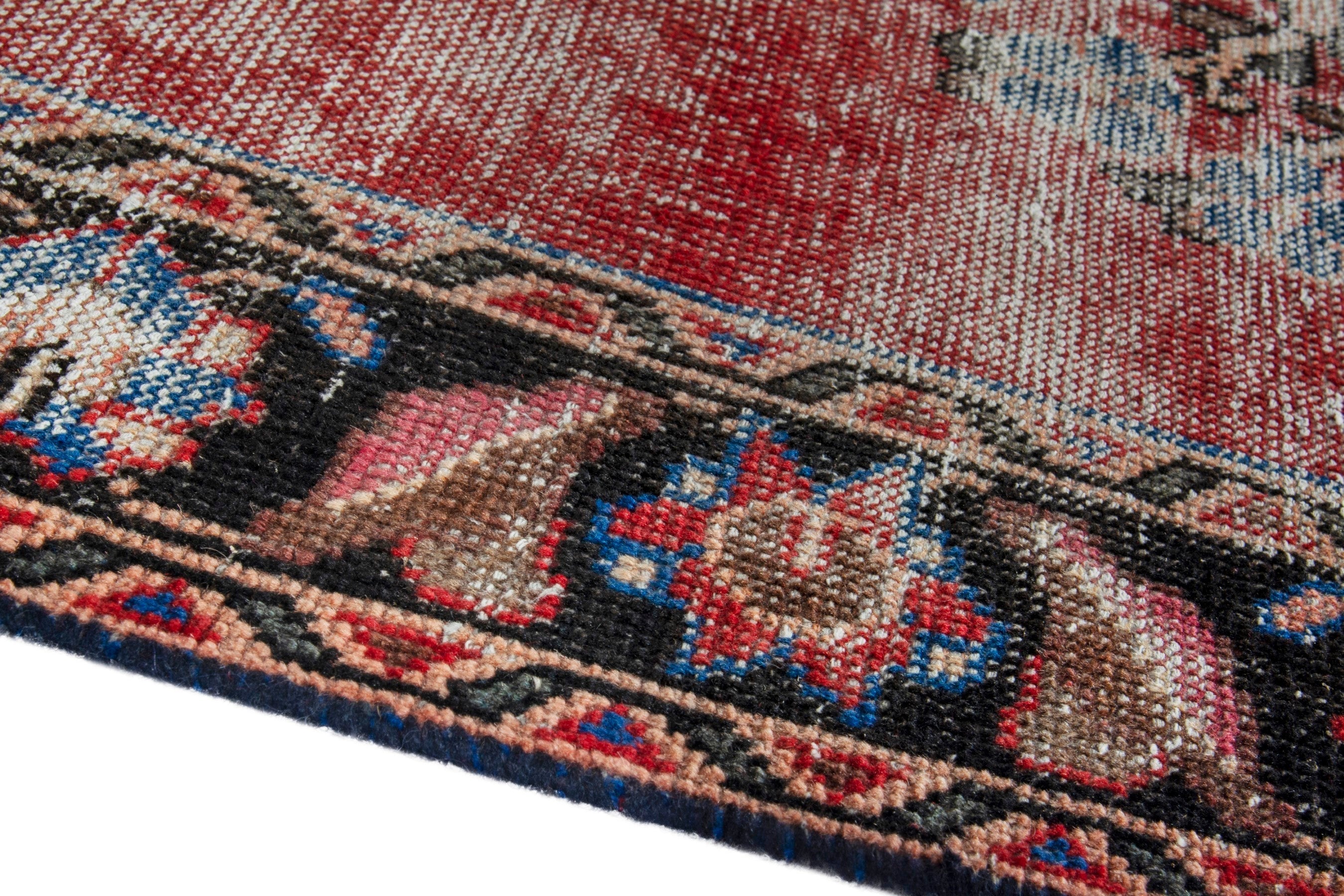 Persian Hamedan runner rug in faded red and dark brown, view 8 of 18