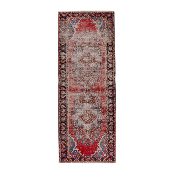 Persian Hamadan runner rug in faded red and dark brown, 3'7" x 10'